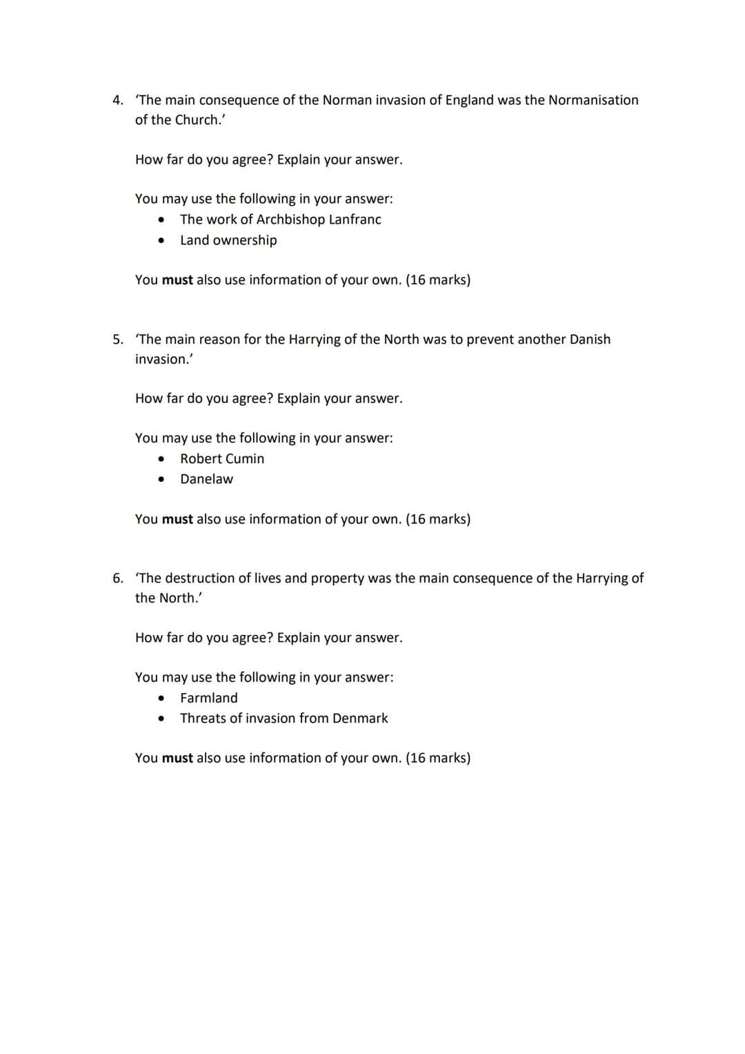 History GCSE Revision - Exam Questions
Paper 2 - Anglo-Saxon and Norman England, c1060-88
Question 1- Describe two features of... (4 mark)
1
