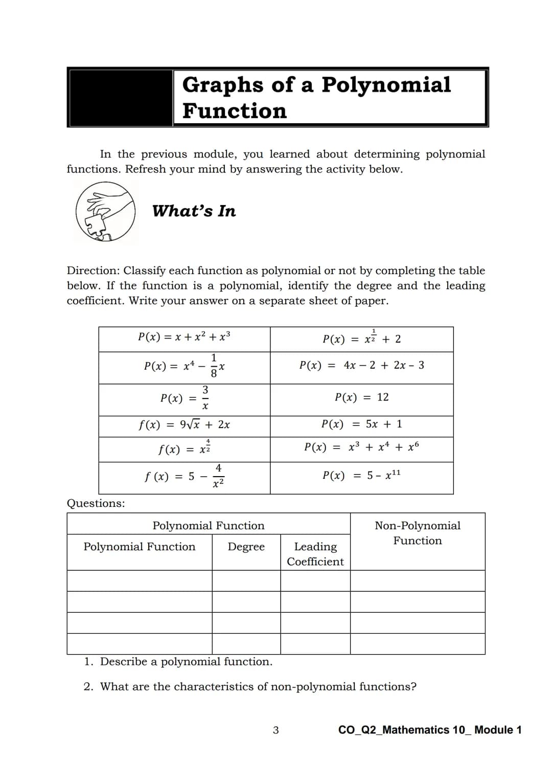 10
DepED
DEPARTMENT OF EDUCATION
Mathematics
Quarter 2 - Module 1:
Graphs of Polynomial
Functions
CO_Q2_Mathematics 10_Module 1
ALTERNATIVE