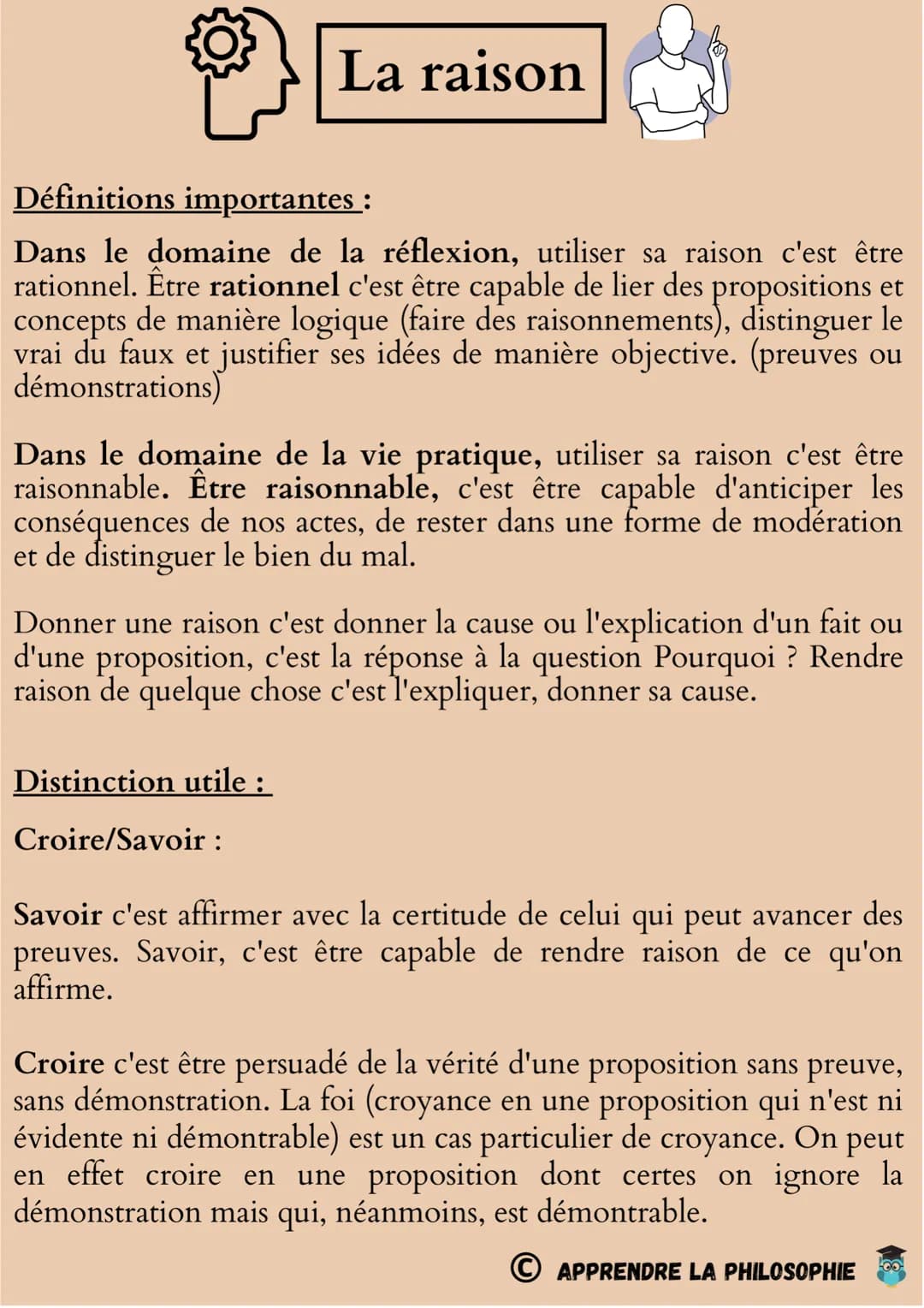 La raison
Définitions importantes :
Dans le domaine de la réflexion, utiliser sa raison c'est être
rationnel. Être rationnel c'est être capa