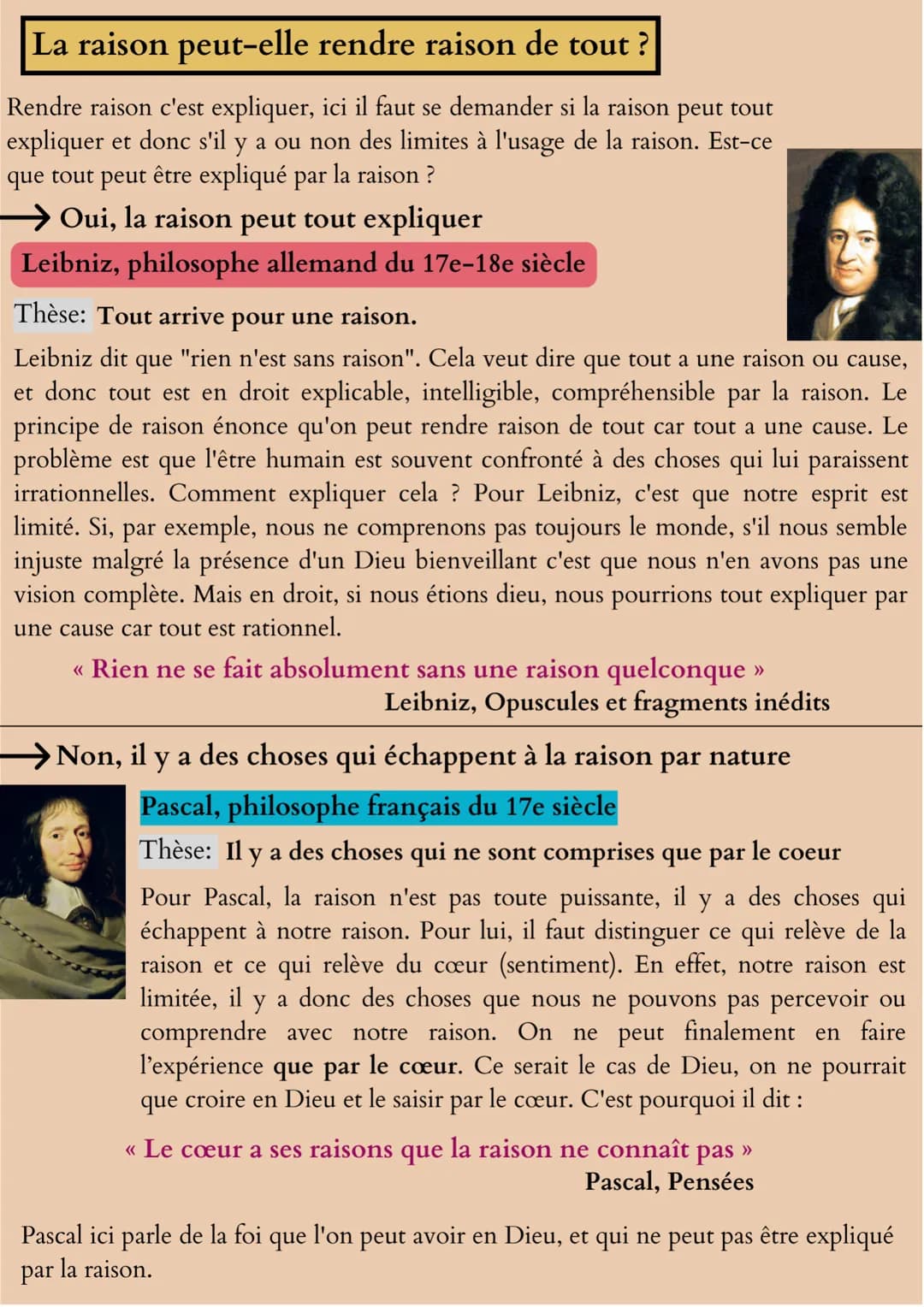La raison
Définitions importantes :
Dans le domaine de la réflexion, utiliser sa raison c'est être
rationnel. Être rationnel c'est être capa