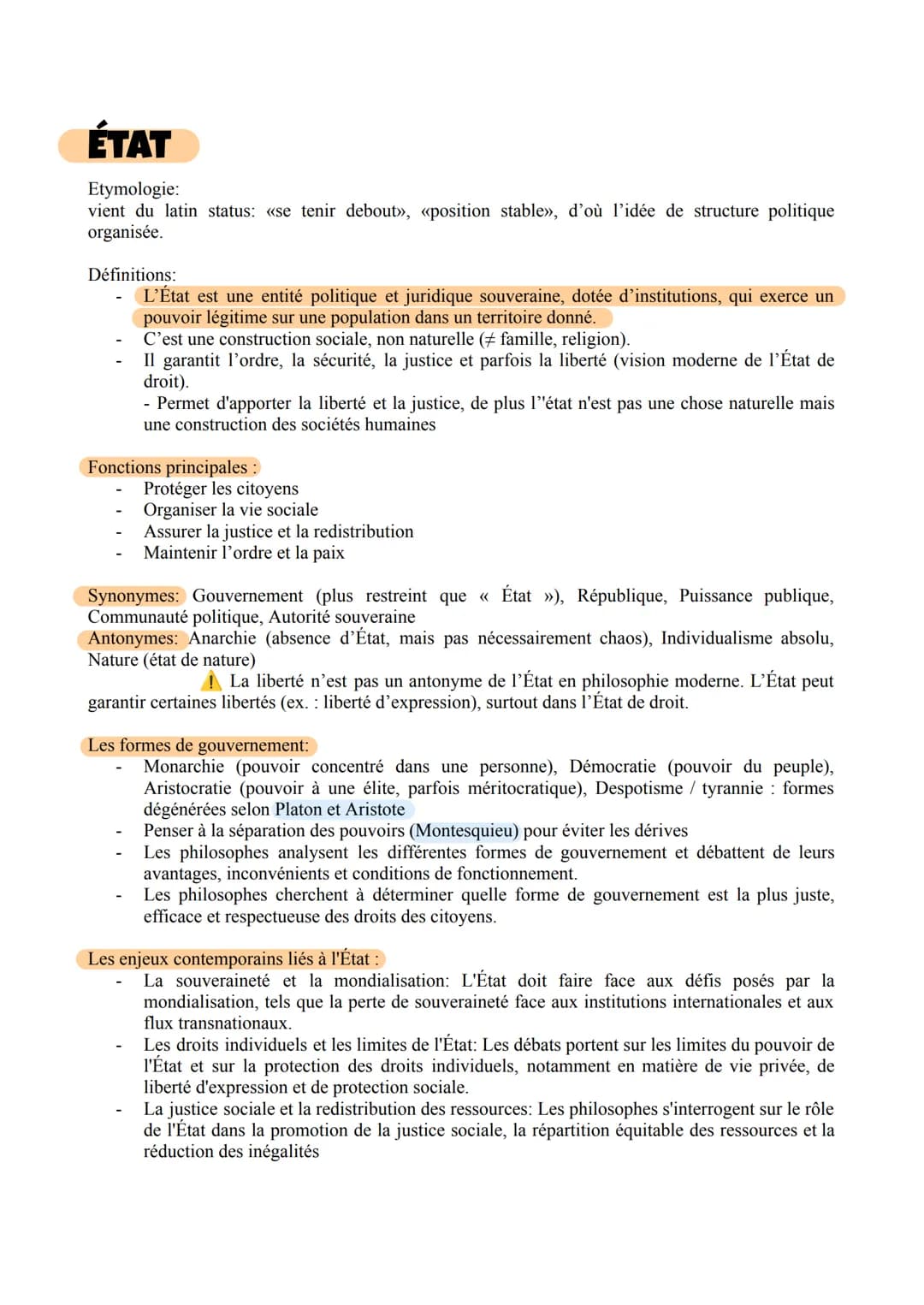 ÉTAT
Etymologie:
vient du latin status: «se tenir debout», «position stable», d'où l'idée de structure politique
organisée.
Définitions:
L'É