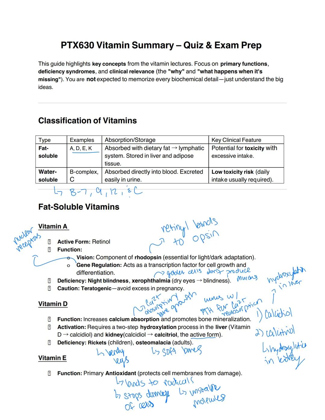 PTX630 Vitamin Summary - Quiz & Exam Prep
This guide highlights key concepts from the vitamin lectures. Focus on primary functions,
deficien