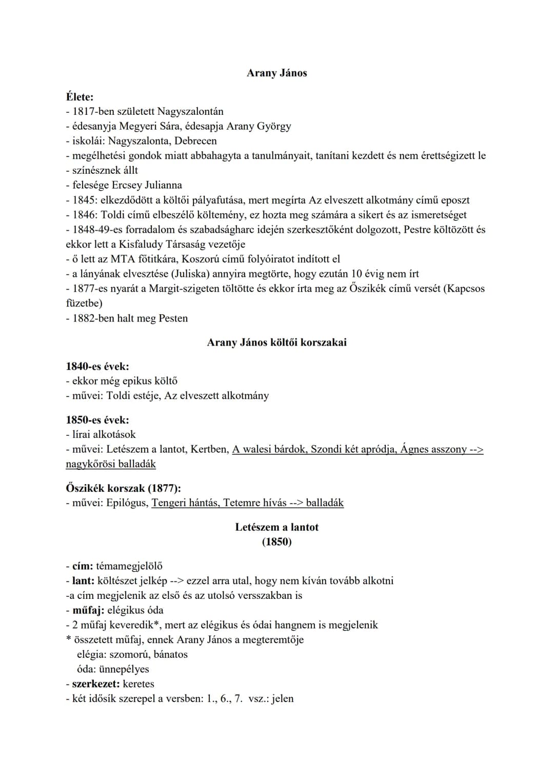 ## Arany János
### Élete:
- 1817-ben született Nagyszalontán
- édesanyja Megyeri Sára, édesapja Arany György
- iskolái: Nagyszalonta, Debre