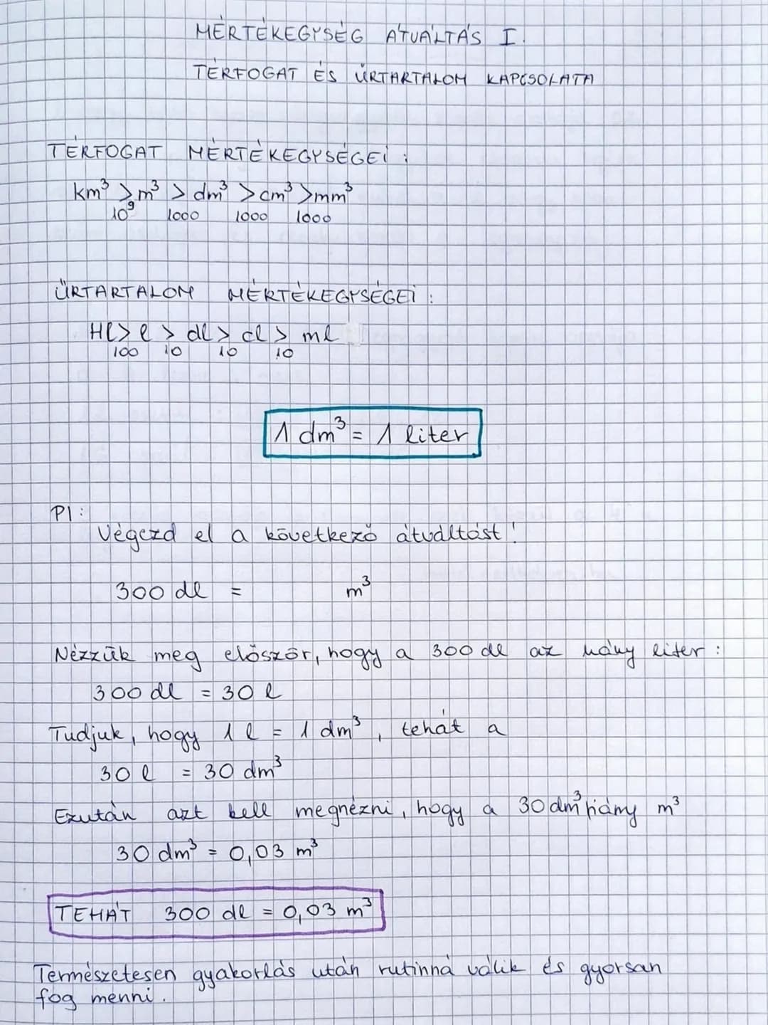 MERTÉKEGYSÉG ATUÁLTÁS I
TERFOGAT ÉS ÜRTARTALOM KAPCSOLATA
TERFOGAT MÉRTÉKEGYSÉGEI
km³ m³ > dm³ > cm³ mm³
10⁹ 1000 1000 1000
ÜRTARTALOM MÉRTÉ
