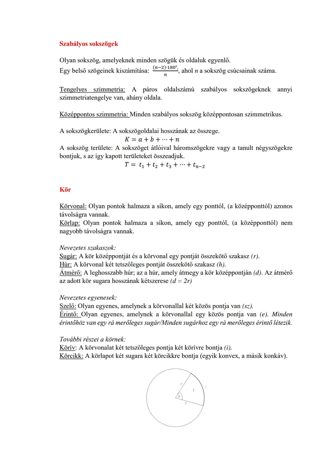 1. Sokszögek, síkidomok
▼
Kör
Geometria összefoglaló
(1. rész)
Oldal: Két szomszédos csúcsot összekötő szakasz.
Átló: Két nem szomszédos csú