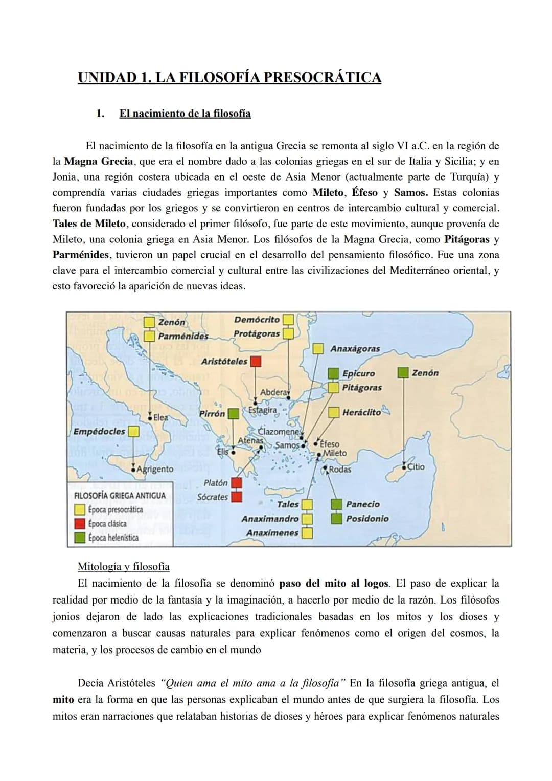 UNIDAD 1. LA FILOSOFÍA PRESOCRÁTICA
1. El nacimiento de la filosofía
El nacimiento de la filosofía en la antigua Grecia se remonta al sigl