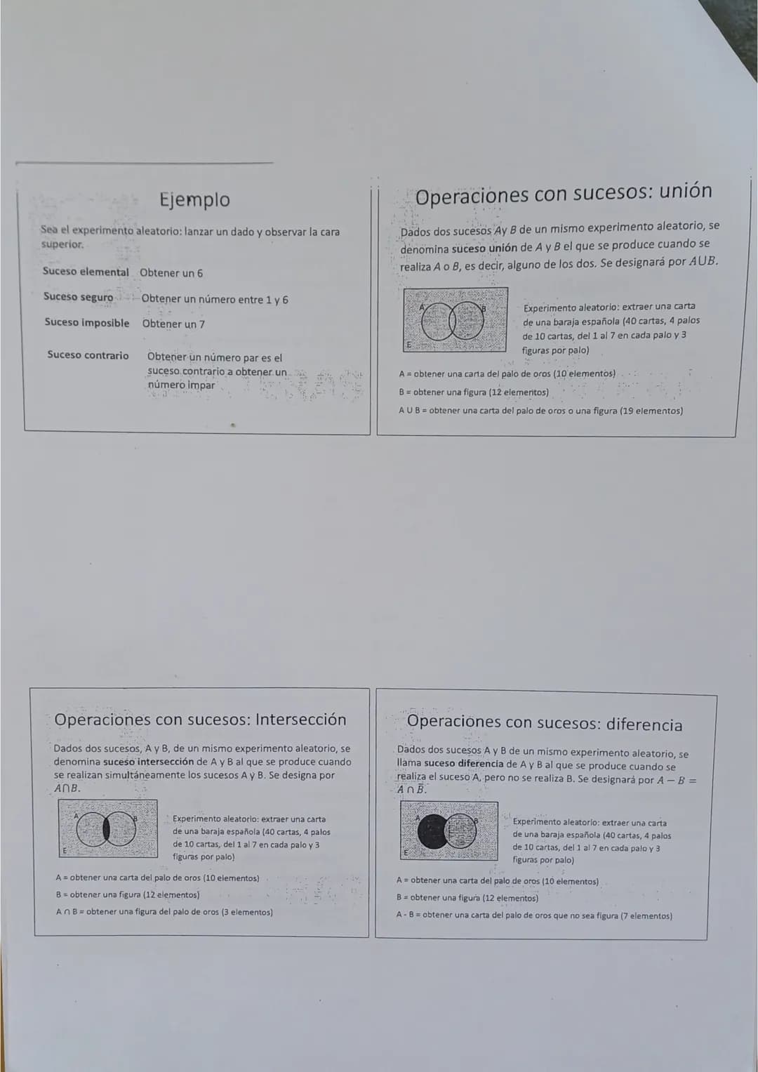 Probabilidad
Definiciones
Experimento aleatorio
Experimento cuyo resultado no se puede predecir
Espacio muestral
Conjunto formado por todo
