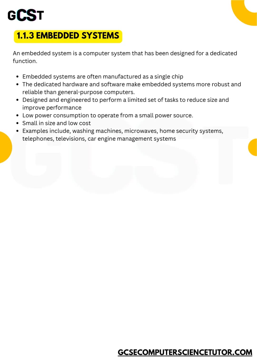 # GCST
# 1.1
# SYSTEMS
# ARCHITECTURE
CONCISE NOTES
GCSE OCR
GCSECOMPUTERSCIENCETUTOR.COM # GCST
## 1.1.1 ARCHITECTURE OF THE CPU
Th
