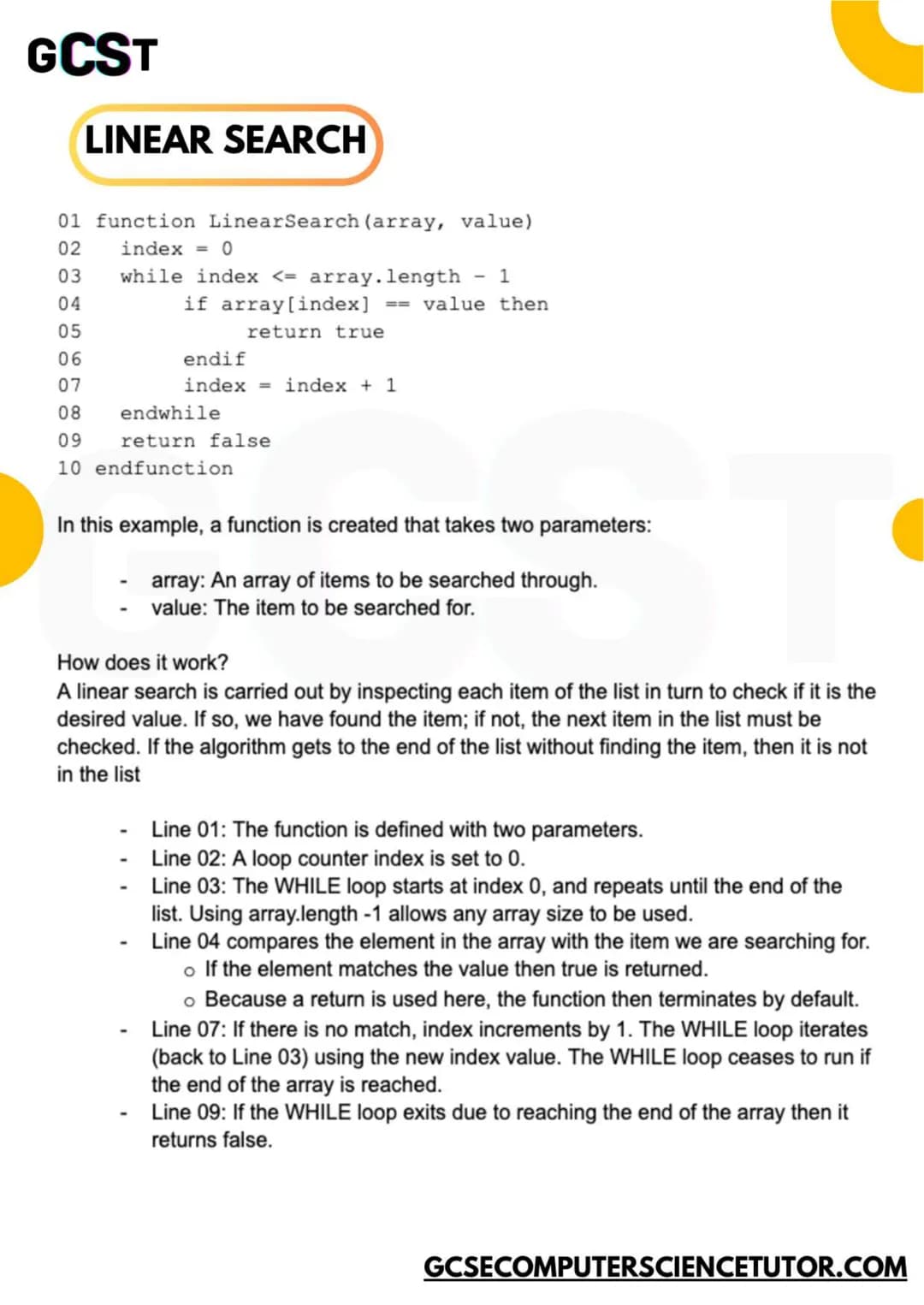 GCST
2.1
ALGORITHMS
SEARCH & SORTING ALGORITHMS
code is written in OCR Exam Reference Language
GCSE OCR
GCSECOMPUTERSCIENCETUTOR.COM GCS
