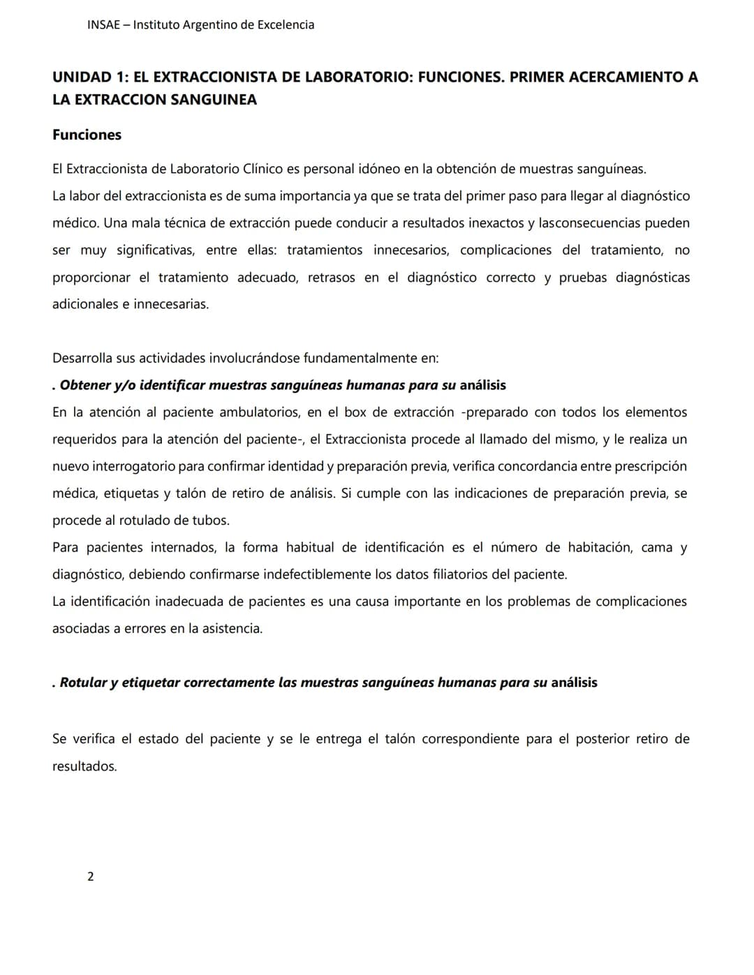 INSAE – Instituto Argentino de Excelencia
# MANUAL DEL CURSO
# EXTRACCIONISTA DE
# LABORATORIO CLINICO
1 INSAE - Instituto Argentino d