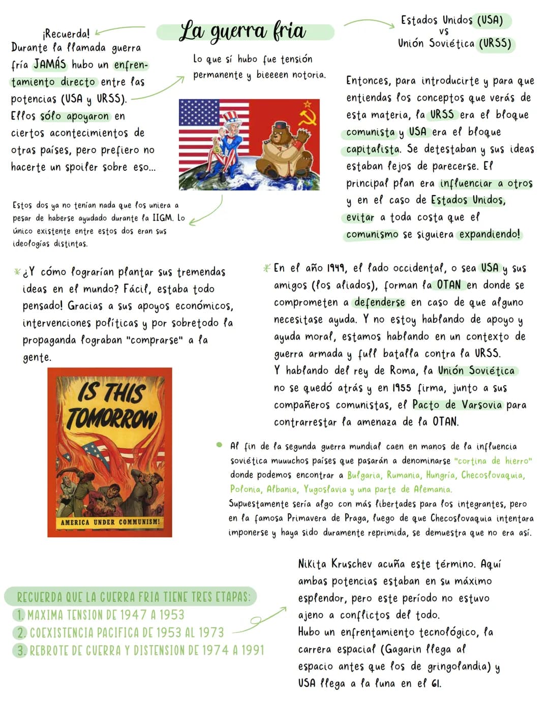 # ¡Recuerda!
Durante la llamada guerra
fría JAMÁS hubo un enfren-
tamiento directo entre las
potencias (USA y URSS).
Ellos sólo apoyaron en