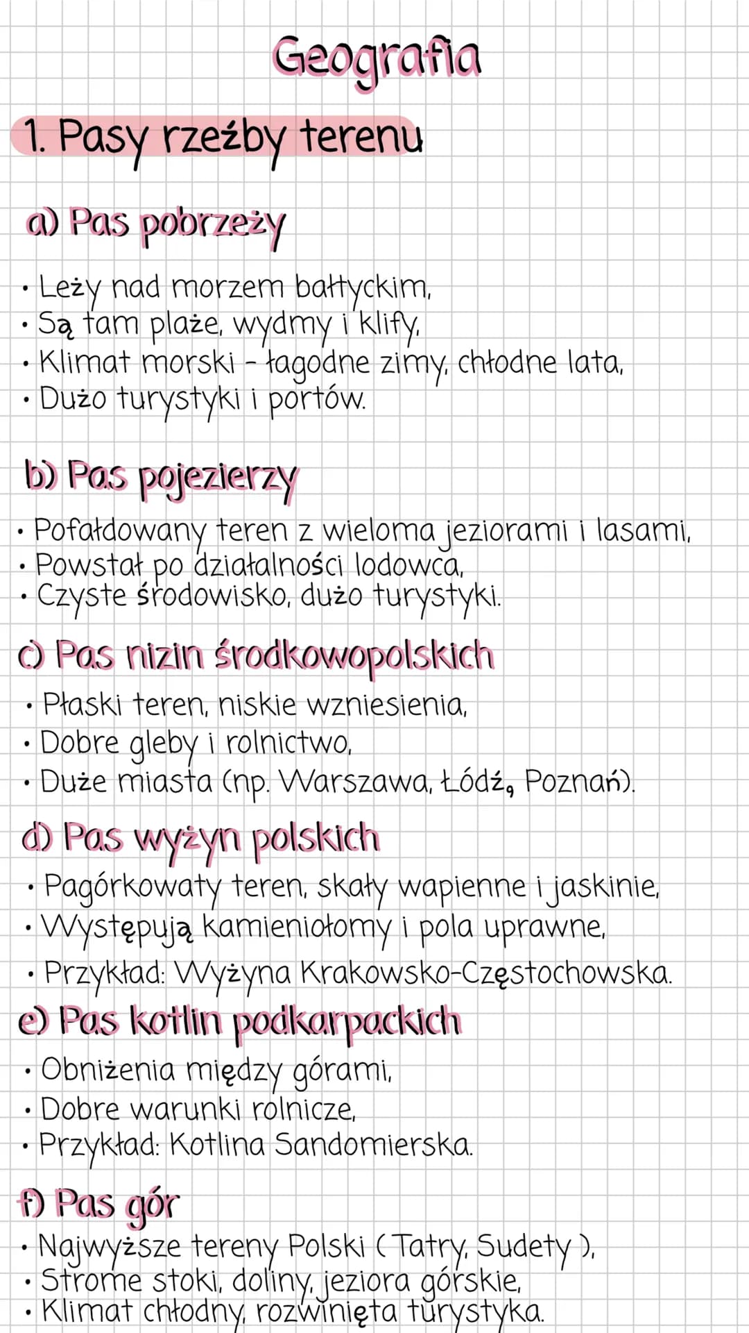 # Geografia
1. Pasy rzeźby terenu
a) Pas pobrzeży
* Leży nad morzem bałtyckim,
* Są tam plaże, wydmy i klify,
* Klimat morski - łag