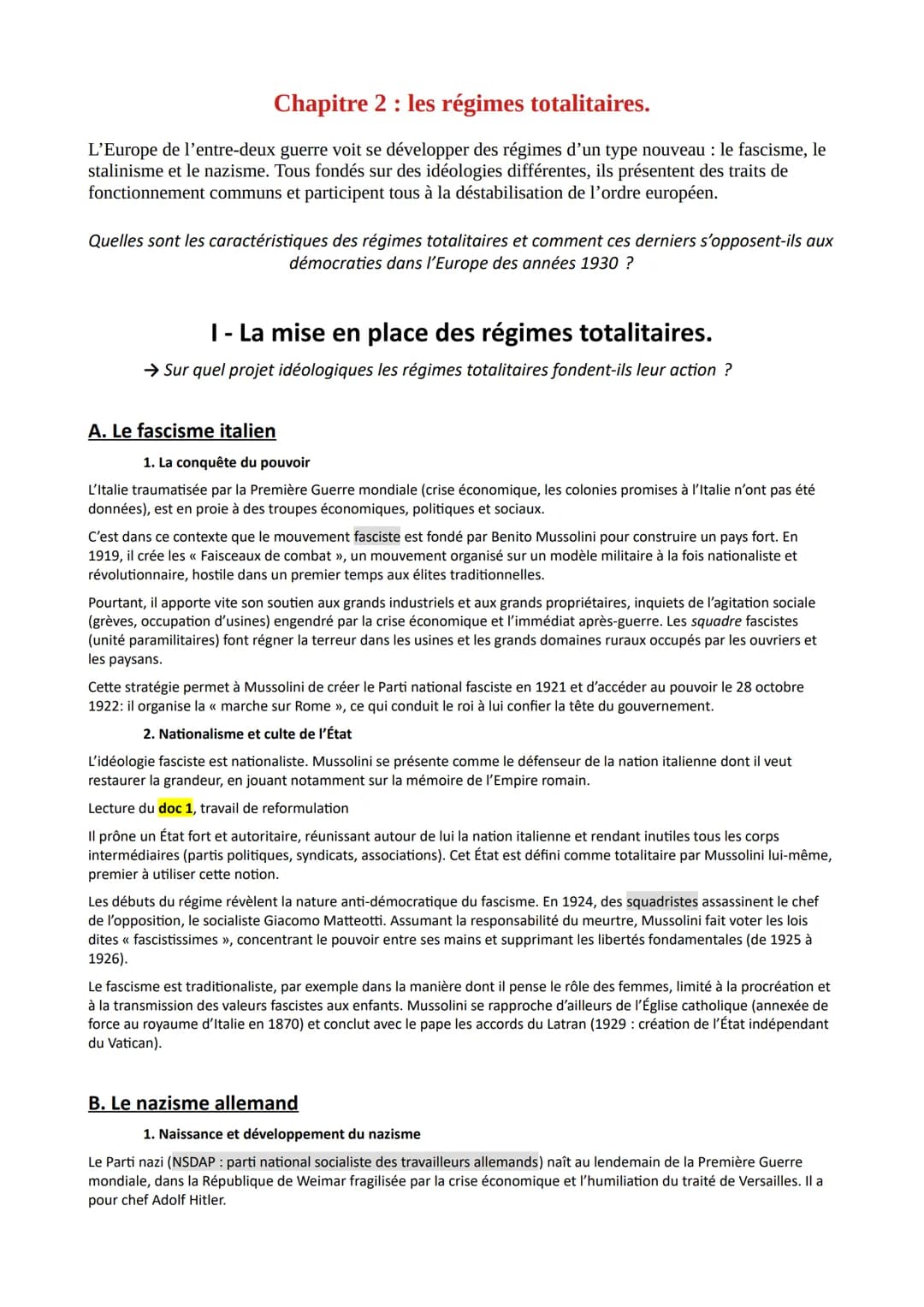 Chapitre 2: les régimes totalitaires.
L'Europe de l'entre-deux guerre voit se développer des régimes d'un type nouveau: le fascisme, le
sta