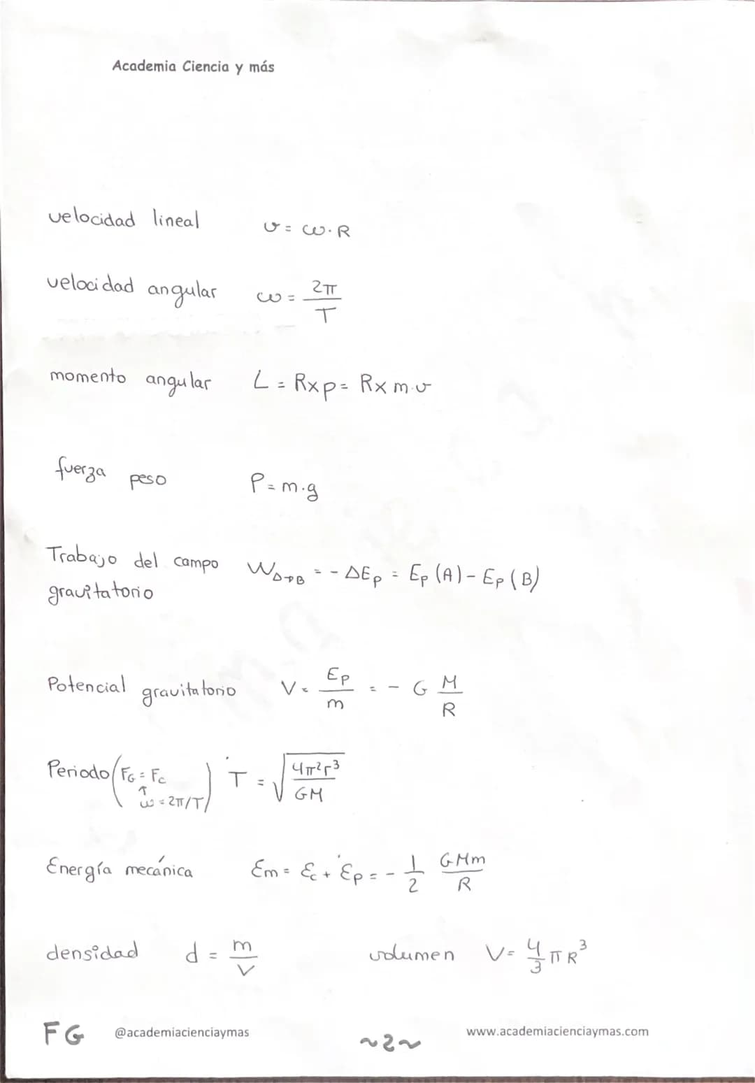 Academia Ciencia y más
~Formulario Gravitación~
Fuerza gravitatoria
$F_G = G \frac{Mm}{R^2}$
Fuerza centripeta
$F_c = m. a_n = m. \frac{v