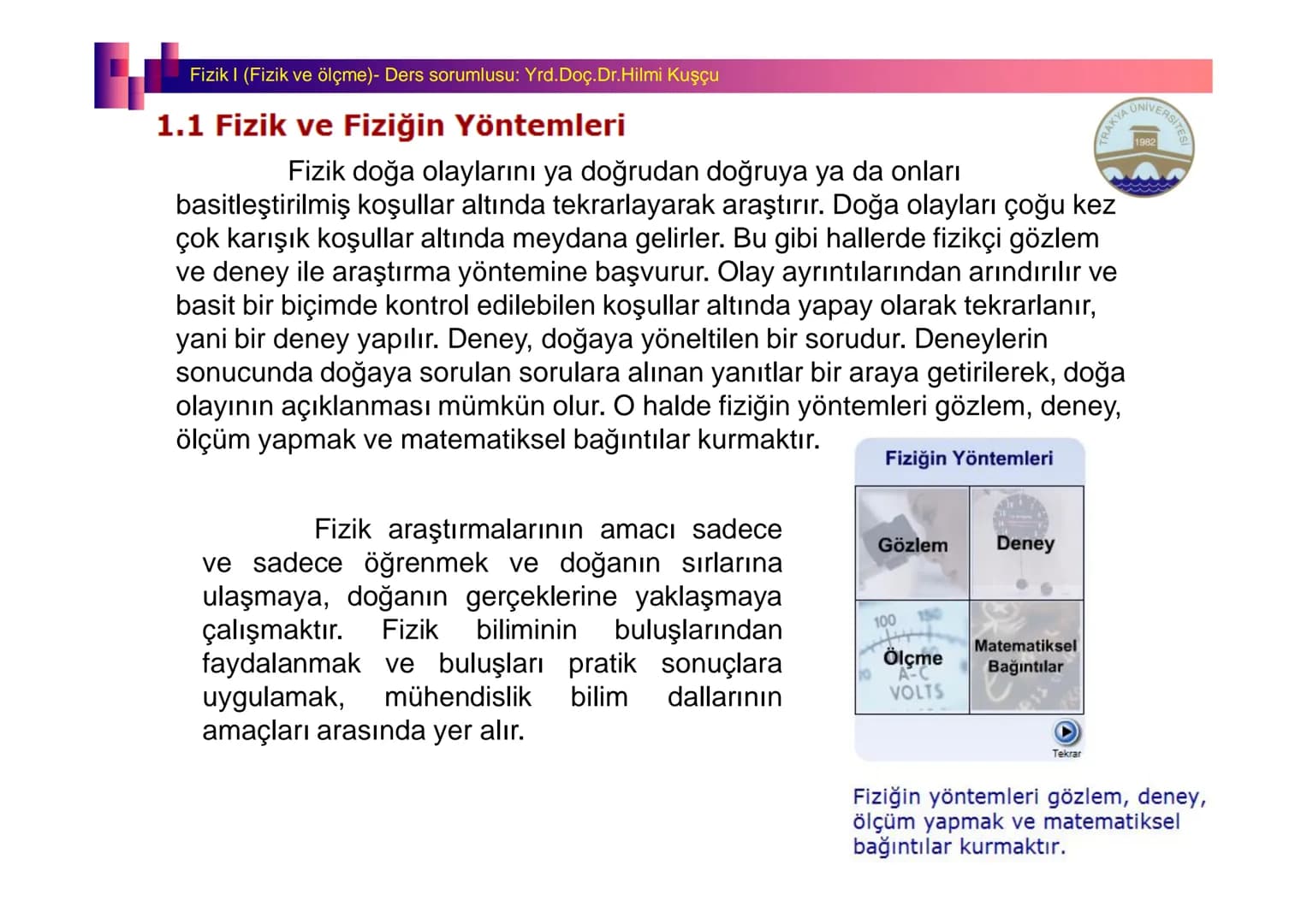 Fizik I (Fizik ve Ölçme) - Ders sorumlusu: Yrd. Doç.Dr.Hilmi Kuşçu
Bu bölümde;
•Fizik ve Fiziğin Yöntemleri,
•Fiziksel Nicelikler, Standa