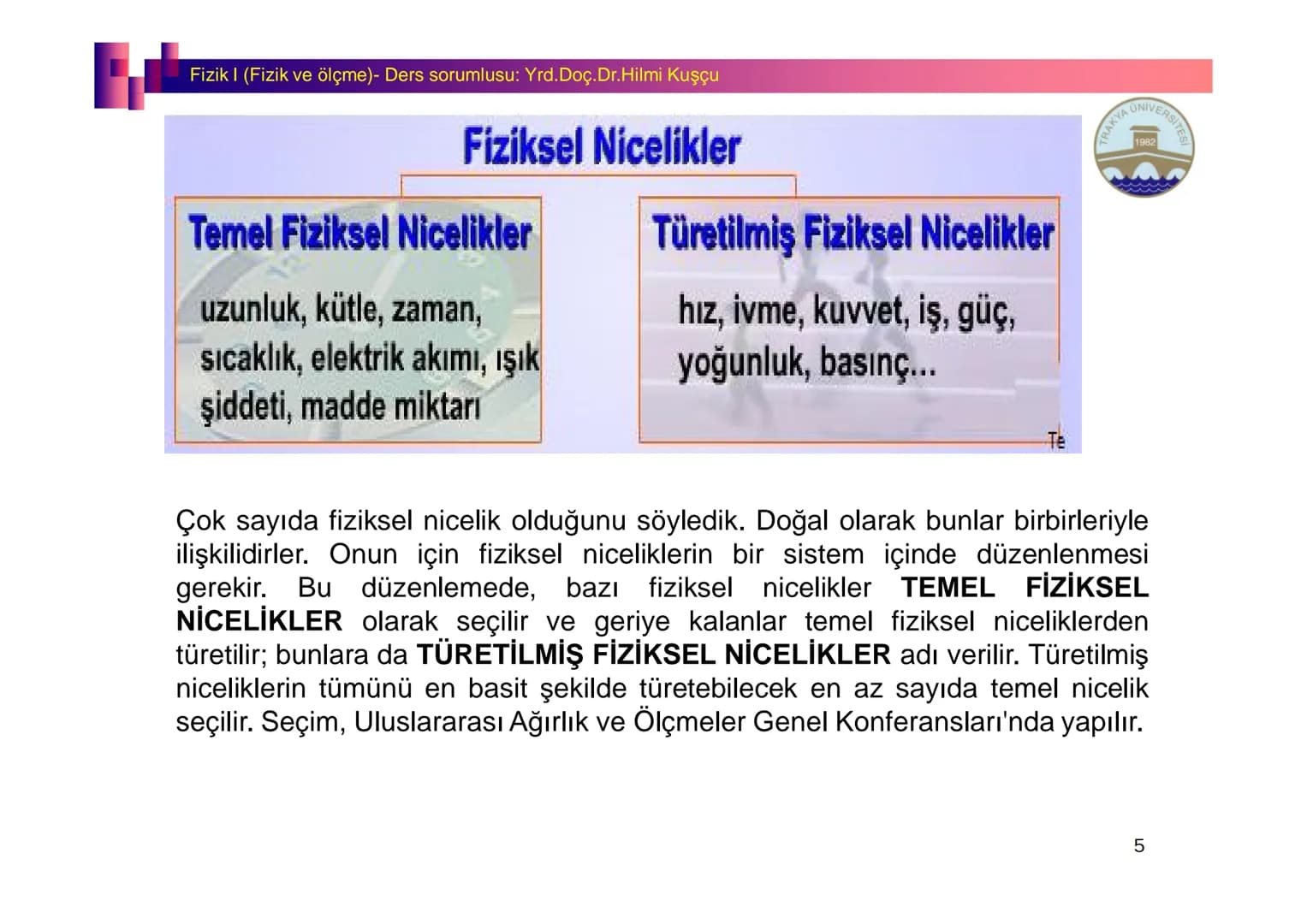 Fizik I (Fizik ve Ölçme) - Ders sorumlusu: Yrd. Doç.Dr.Hilmi Kuşçu
Bu bölümde;
•Fizik ve Fiziğin Yöntemleri,
•Fiziksel Nicelikler, Standa