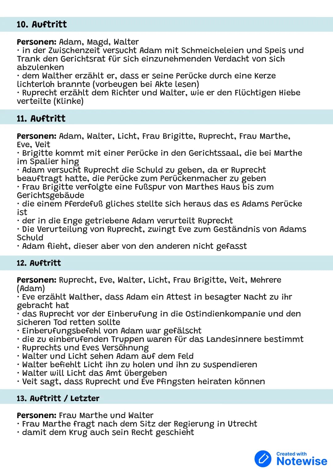 # Der zerbrochene Krug - Heinrich Kleist
(Zusammenfassung)
1. Auftritt
Personen: Adam, Licht
Dorfrichter Adam bekommt in seiner Gerichtss