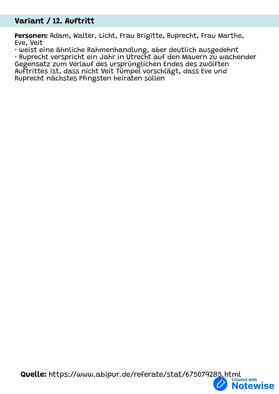 # Der zerbrochene Krug - Heinrich Kleist
(Zusammenfassung)
1. Auftritt
Personen: Adam, Licht
Dorfrichter Adam bekommt in seiner Gerichtss