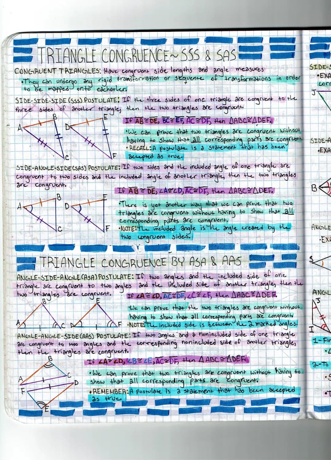 ## TRIANGLE CONGRUENCE ~ SSS & SAS
**CONGRUENT TRIANGLES:** Have congruent side lengths and angle measures
- They can undergo any rigid tra