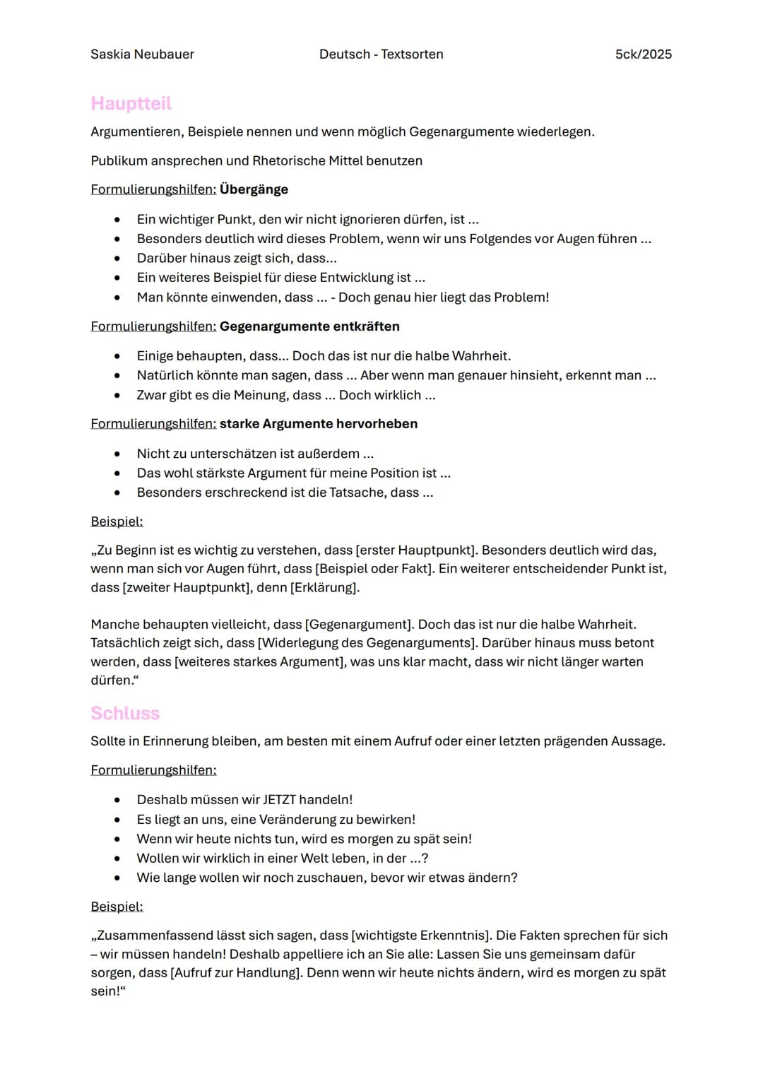 Saskia Neubauer
Deutsch - Textsorten
5ck/2025
# Deutsch - Matura Textsorten
## Zusammenfassung
### Generelles
Die Zusammenfassung ist die Ko