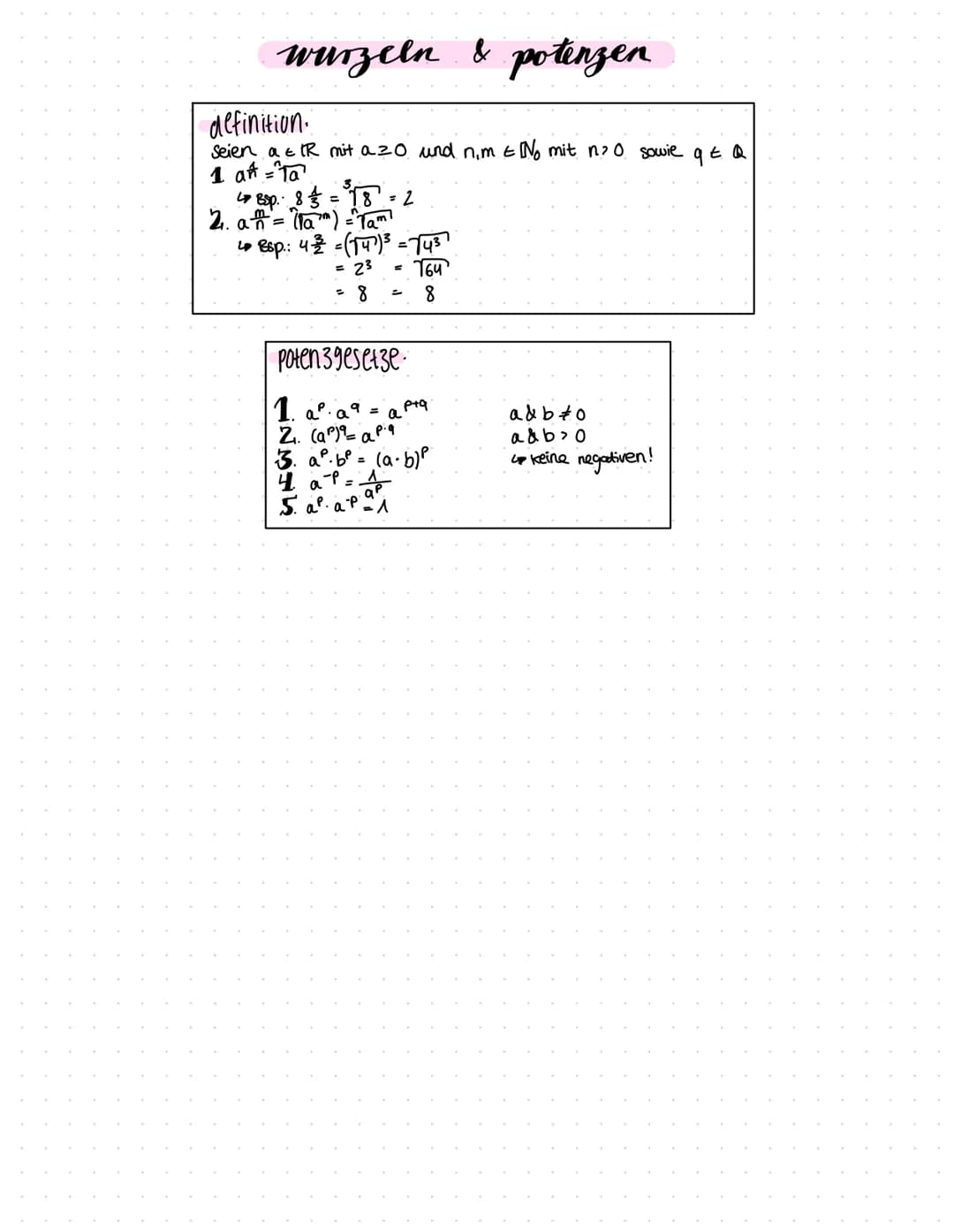 wurzeln & potenzen.
definition.
Seien $a \in \mathbb{R}$ mit $a \ge 0$ und $n,m \in \mathbb{N}_0$ mit $n > 0$ sowie $q \in \mathbb{Q}$
1. $