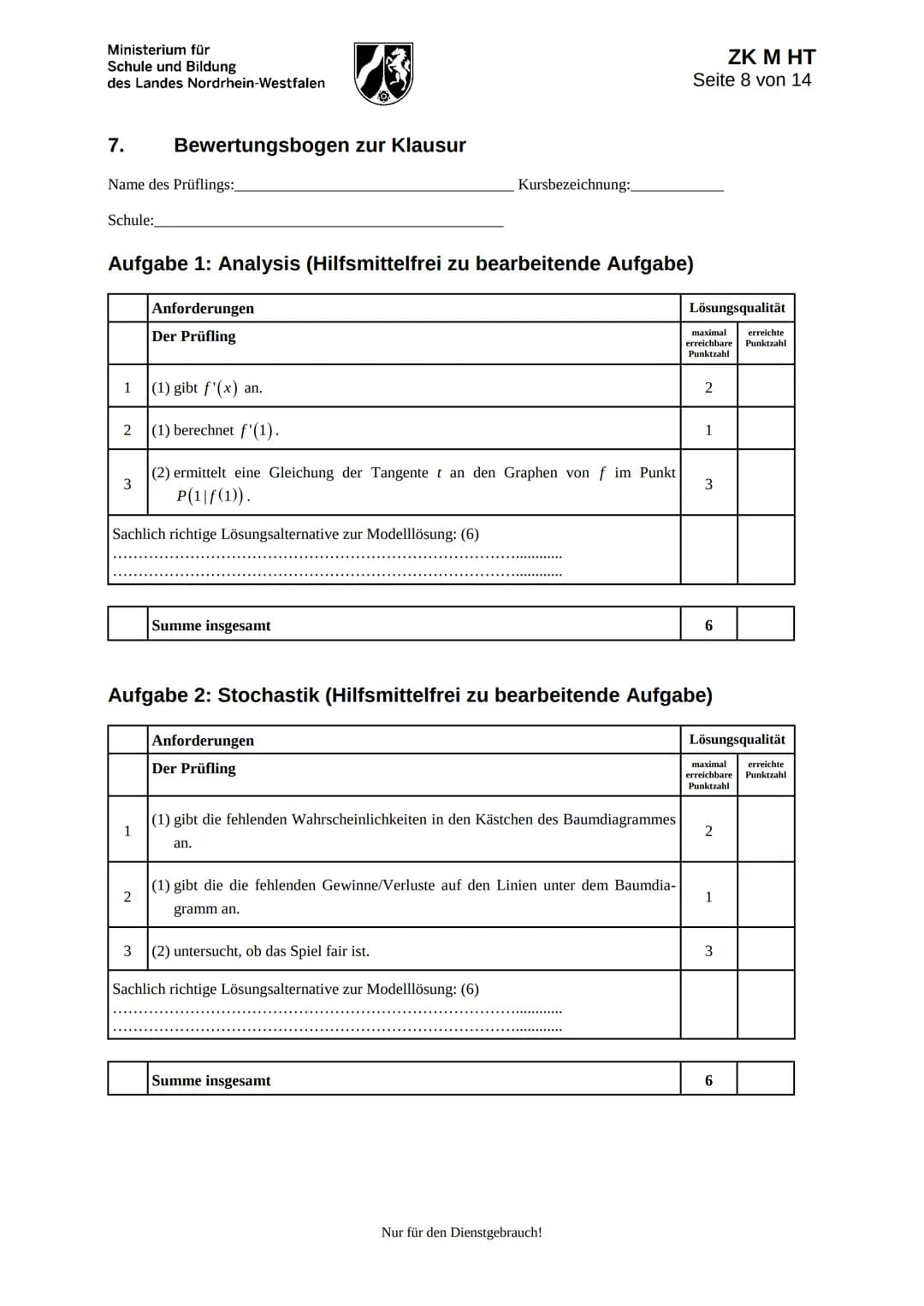 Ministerium für
Schule und Bildung
des Landes Nordrhein-Westfalen
ZK M HT
Seite 1 von 14
# Unterlagen für die Lehrkraft
# Zentrale Klausur