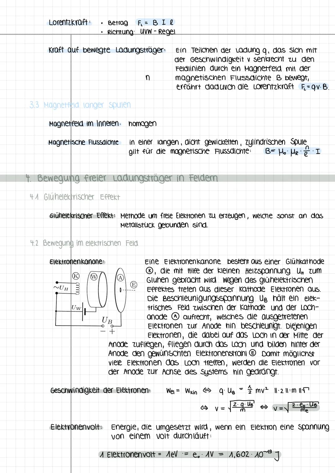 Lorentzkraft:
* Betrag $F_L = B I l$
* Richtung UVW-Regel
Kraft auf bewegte Ladungsträger:
Ein Teilchen der Ladung q, das sich mit
der Gesc