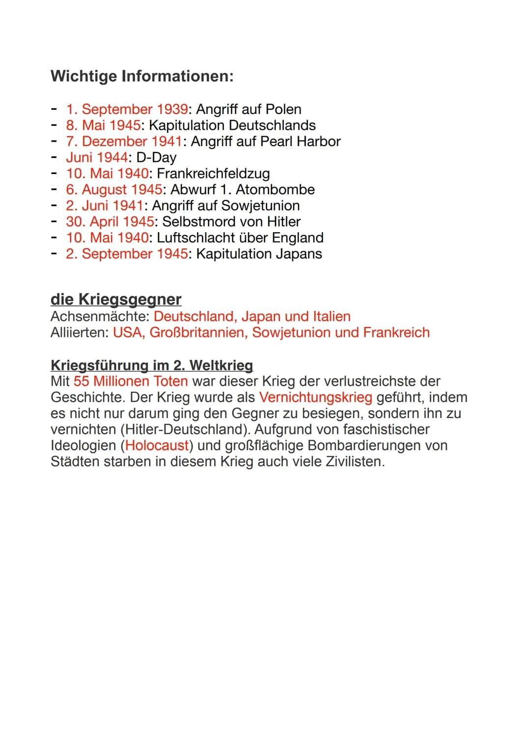 # 1. Schritt: Aufgabe 2:
## 2. Weltkrieg Zusammenfassung 1939-1945
### Kriegsbeginn 2. Weltkrieg:
Der 2. Weltkrieg war der bisher größte u
