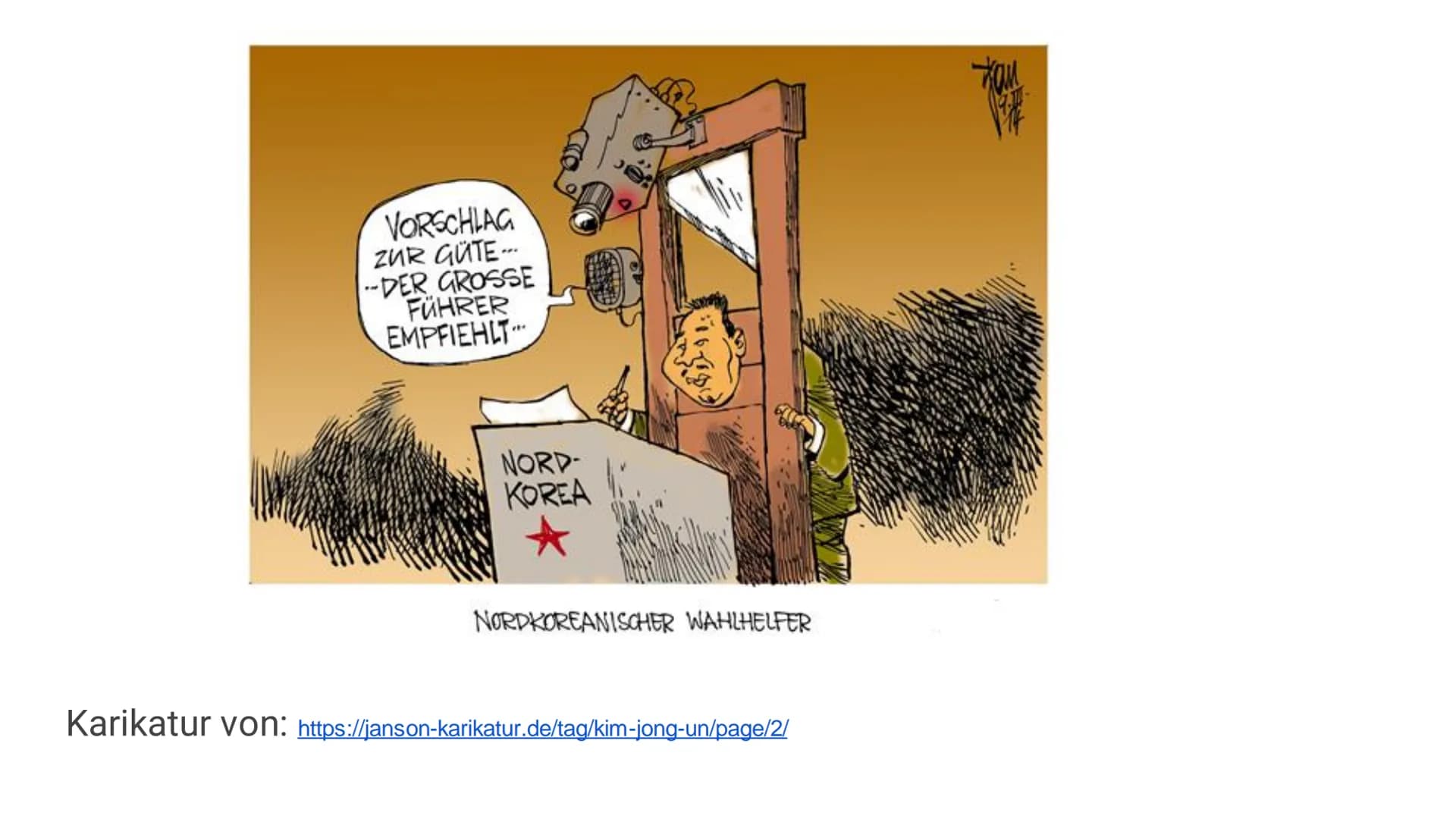 Gliederung:
- Karikatur
- Überleitung
- Geschichte
- Überleitung
- Menschenrechtssituation in Nordkorea
- Recht auf Leben und Freiheit
-