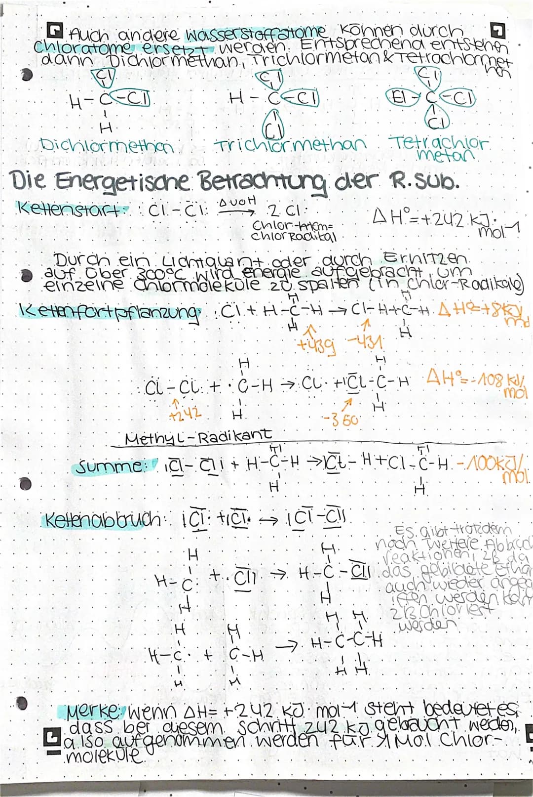 Auch andere Wasserstoffatome können durch Chloratome ersetzt werden. Entsprechend entstehen dann Dichlormethan, Trichlormethan & Tetrachlorm