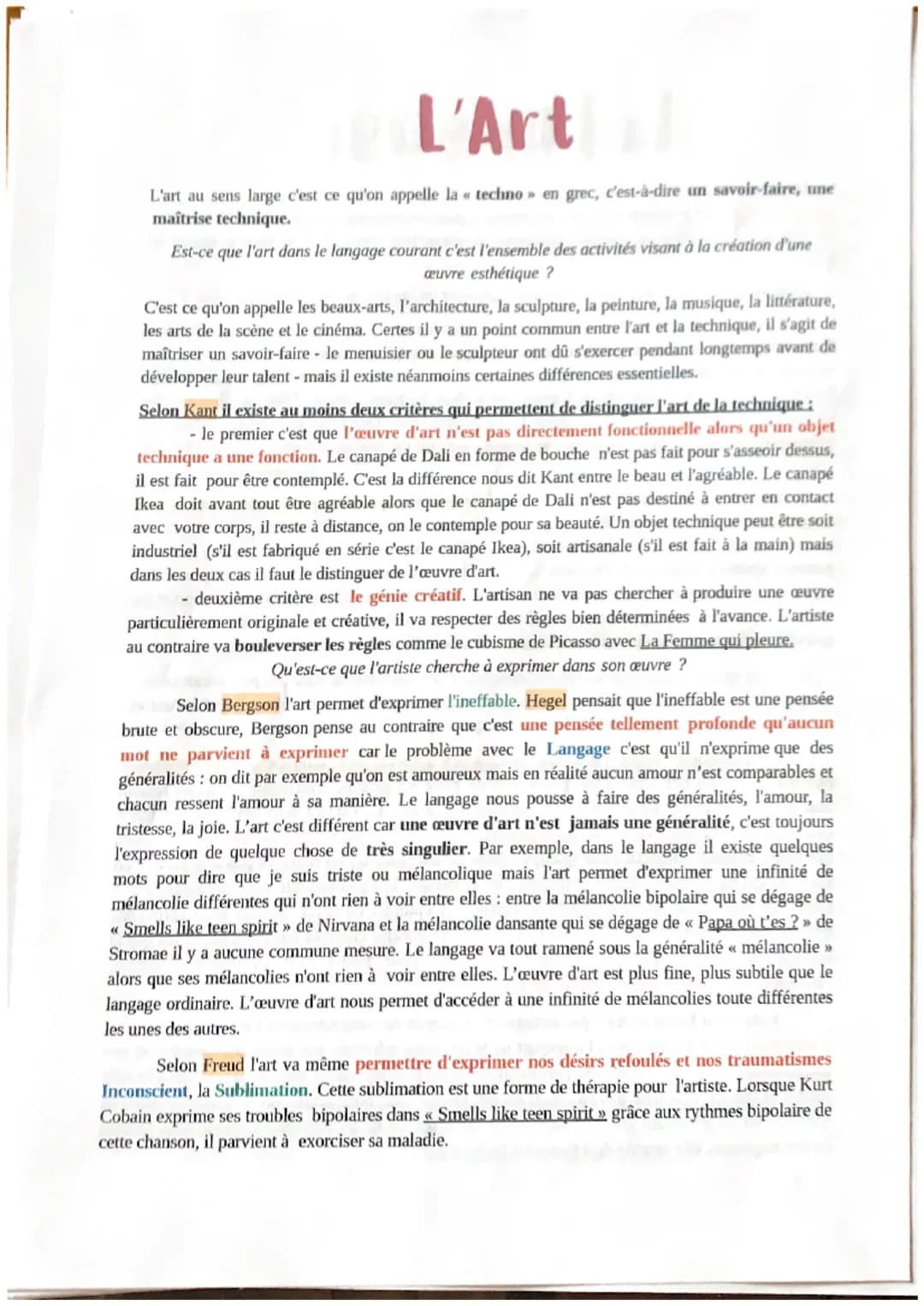 # L'Art
L'art au sens large c'est ce qu'on appelle la techno en grec, c'est-à-dire un savoir-faire, une
maîtrise technique.
Est-ce que l'a