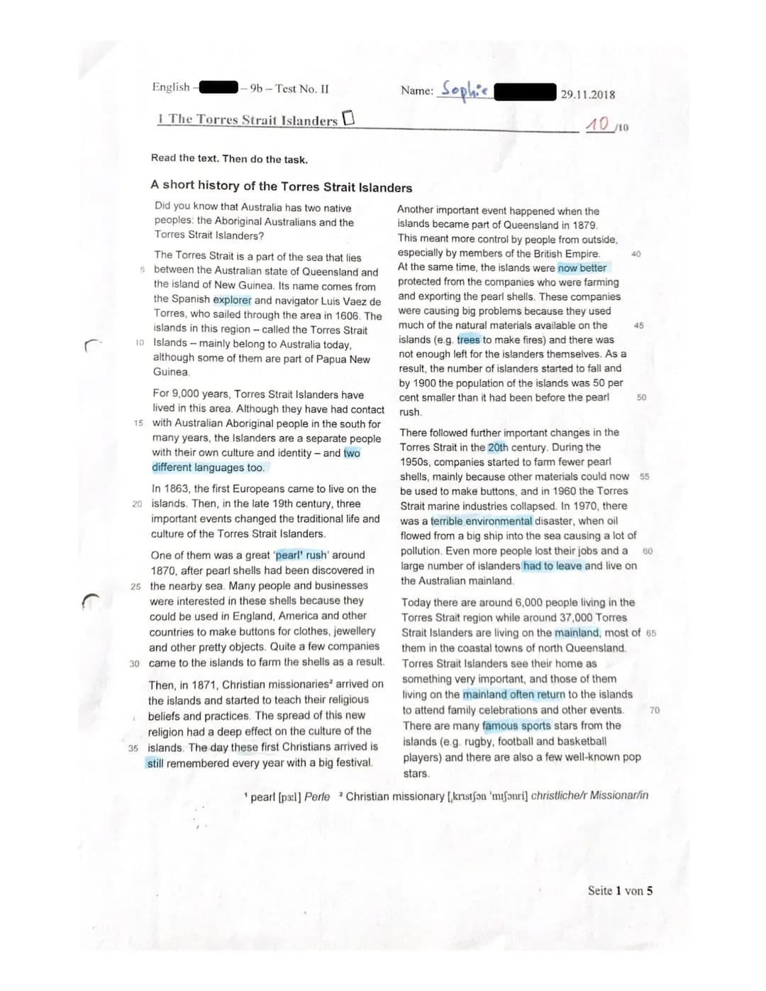 English – 9b – Test No. II Name: Sophie 29.11.2018
1 The Torres Strait Islanders
Read the text. Then do the task.
A short history of the