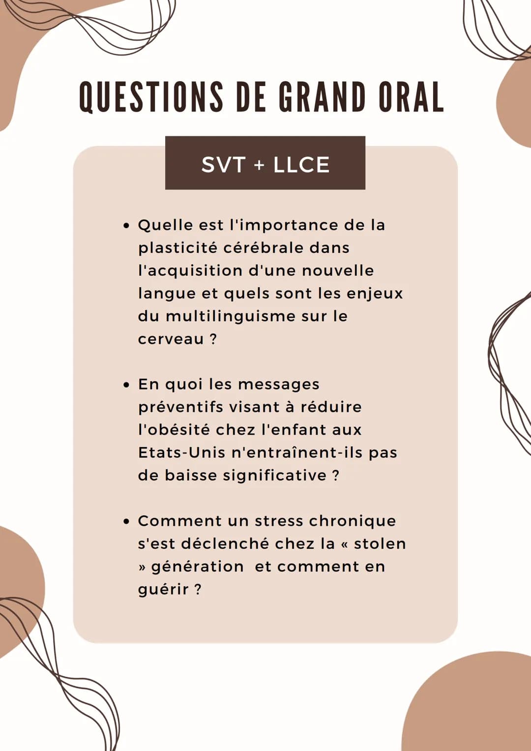 # QUESTIONS DE GRAND ORAL
SVT + LLCE
* Quelle est l'importance de la
plasticité cérébrale dans
l'acquisition d'une nouvelle