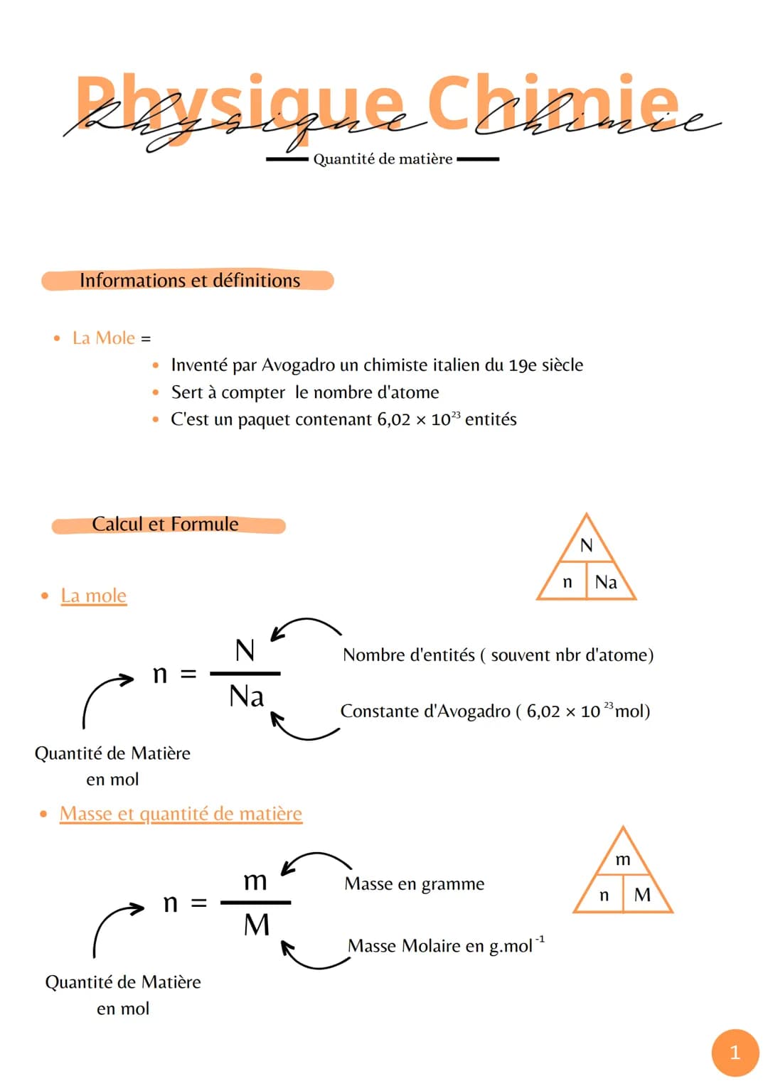 # Physique Chimie
Quantité de matière
Informations et définitions
* La Mole =
* Inventé par Avogadro un chimiste italien du 19e s