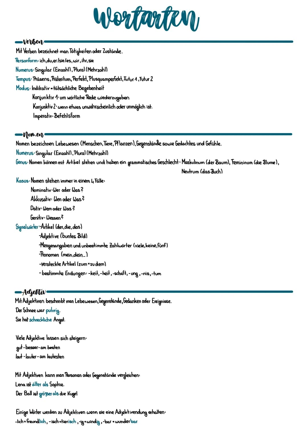 # Wortarten
-Verben
Mit Verben bezeichnet man Tätigkeiten oder Zustände.
Personform ich, du, er/sie/es, wir, ihr, sie
Numerus Singular (Ein