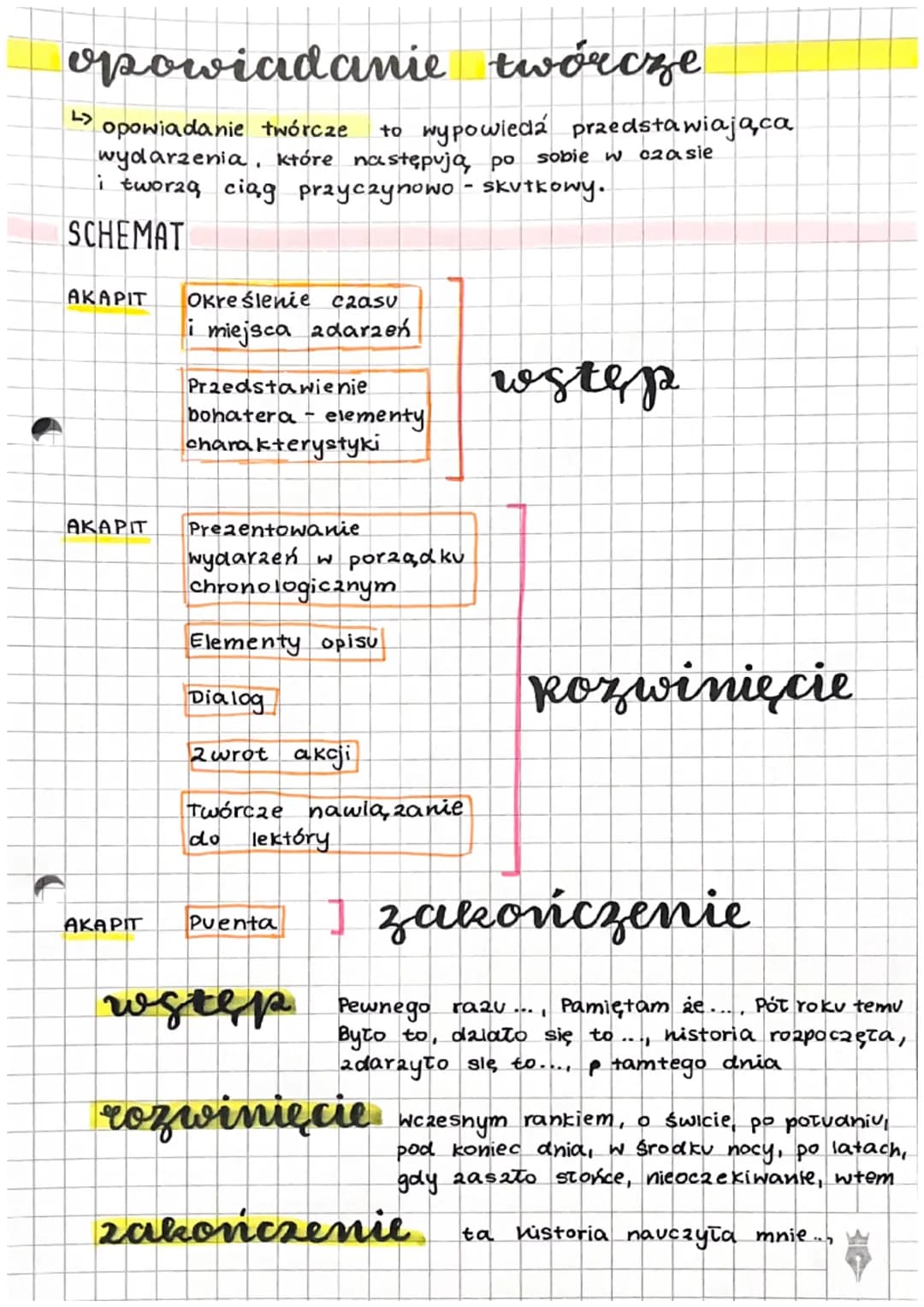 # opowiadanie twórcze
↳ opowiadanie twórcze to wypowiedź przedstawiająca
wydarzenia, które następują, po sobie w czasie
i tworzą ciąg przyc