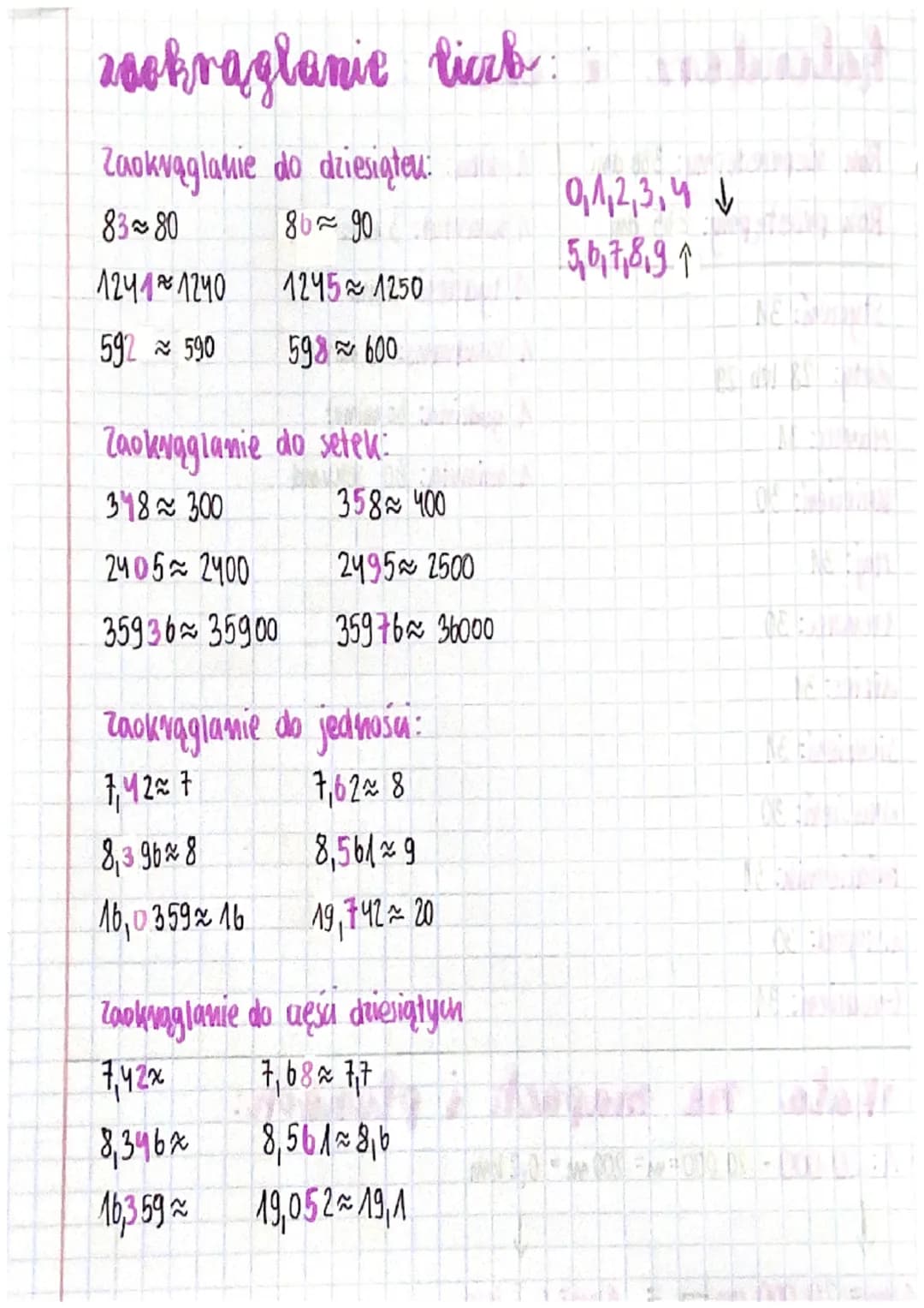 # zaokrąglanie liczb
Zaokrąglanie do dziesiąteu:
0,1,2,3,4 ↓
83~80
86~98
5,6,7,8,9↑
12411240 1245≈ 1250
592 ≈ 590
59600
Zaokrąglani