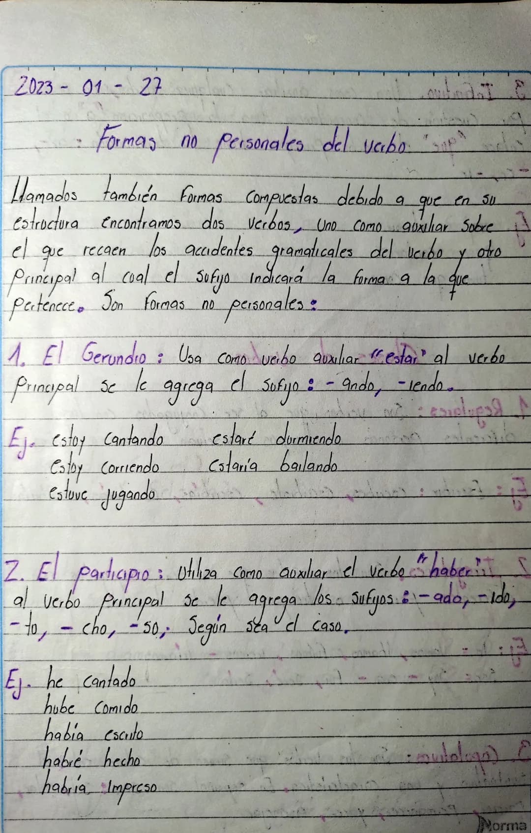 2023-01-27
Formas no personales del vabo
Llamados también Formas compuestas debido a que en su
estructura encontramos dos verbos, Uno como