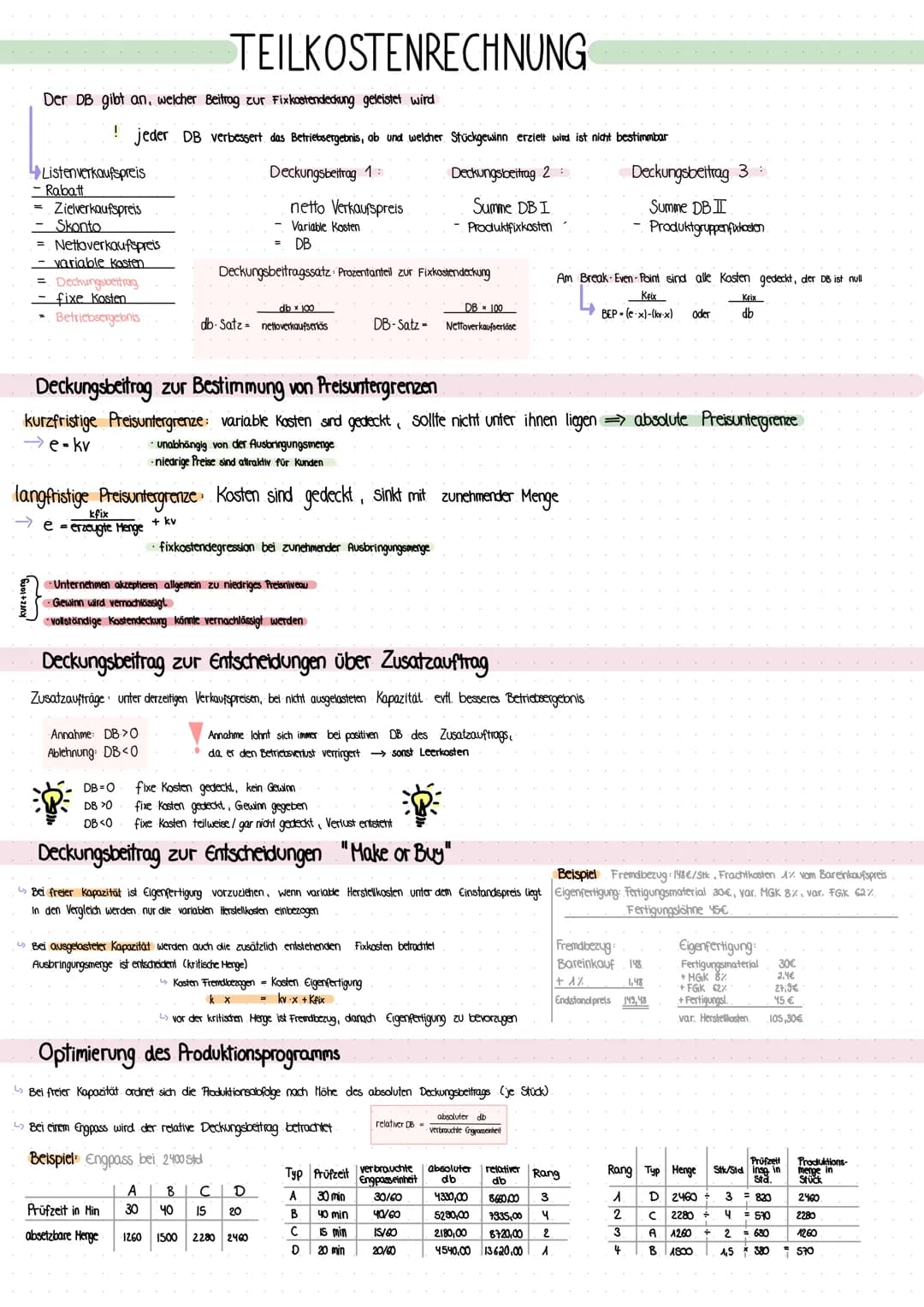 # TEILKOSTENRECHNUNG
Der DB gibt an, welcher Beitrag zur Fixkostendeckung geleistet wird
! jeder DB verbessert das Betriebsergebnis, ab un