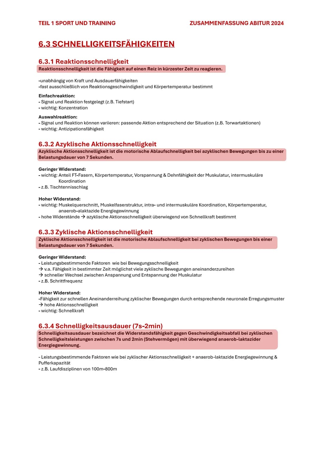 TEIL 1 SPORT UND TRAINING
ZUSAMMENFASSUNG ABITUR 2024
# 6. SCHNELLIGKEIT
## 6.1 BEDEUTUNG DER SCHNELLIGKEIT
Schnelligkeit ist die Fähigke