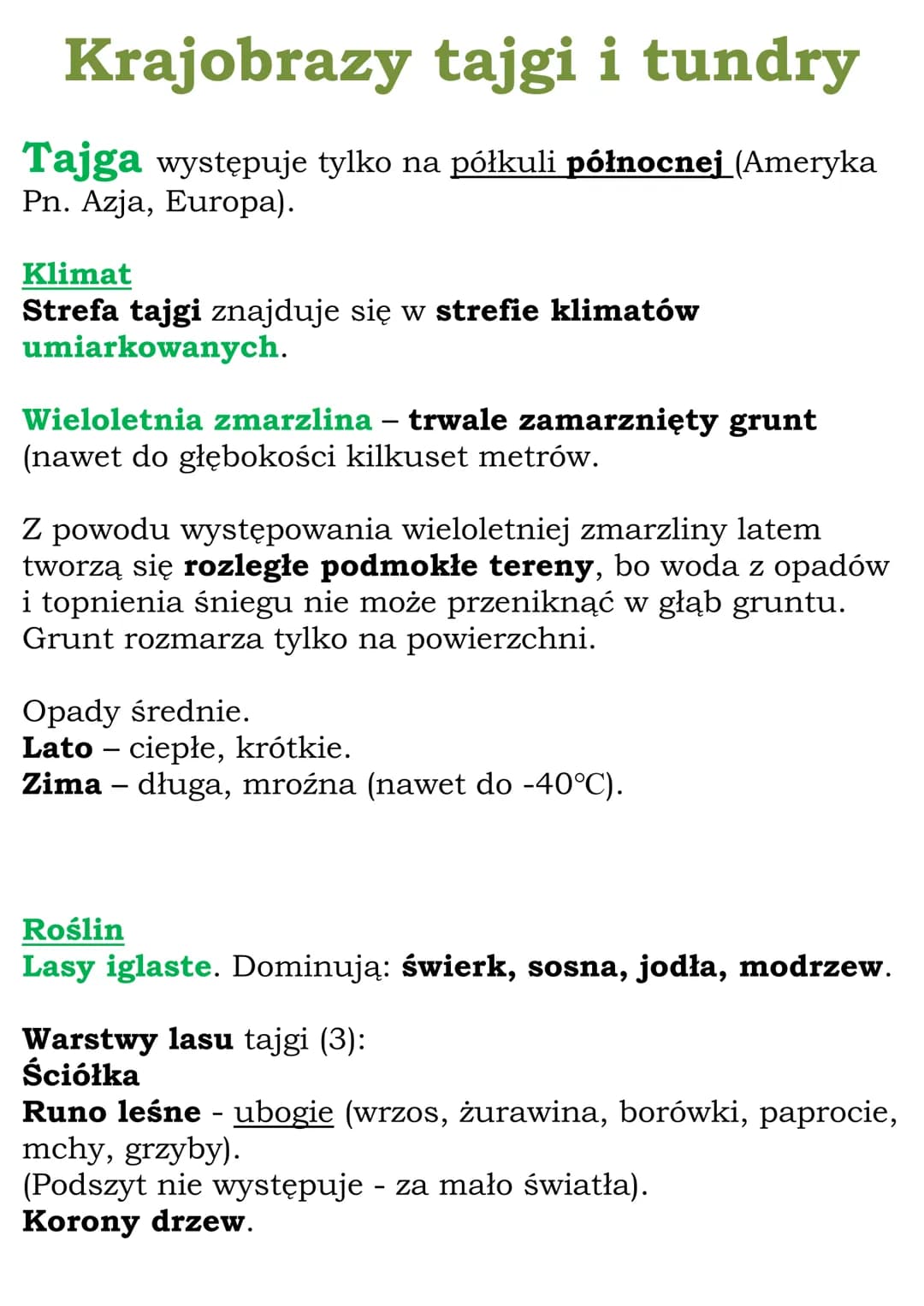 # Krajobrazy tajgi i tundry
Tajga występuje tylko na półkuli północnej (Ameryka
Pn. Azja, Europa).
## Klimat
Strefa tajgi znajduje się w s