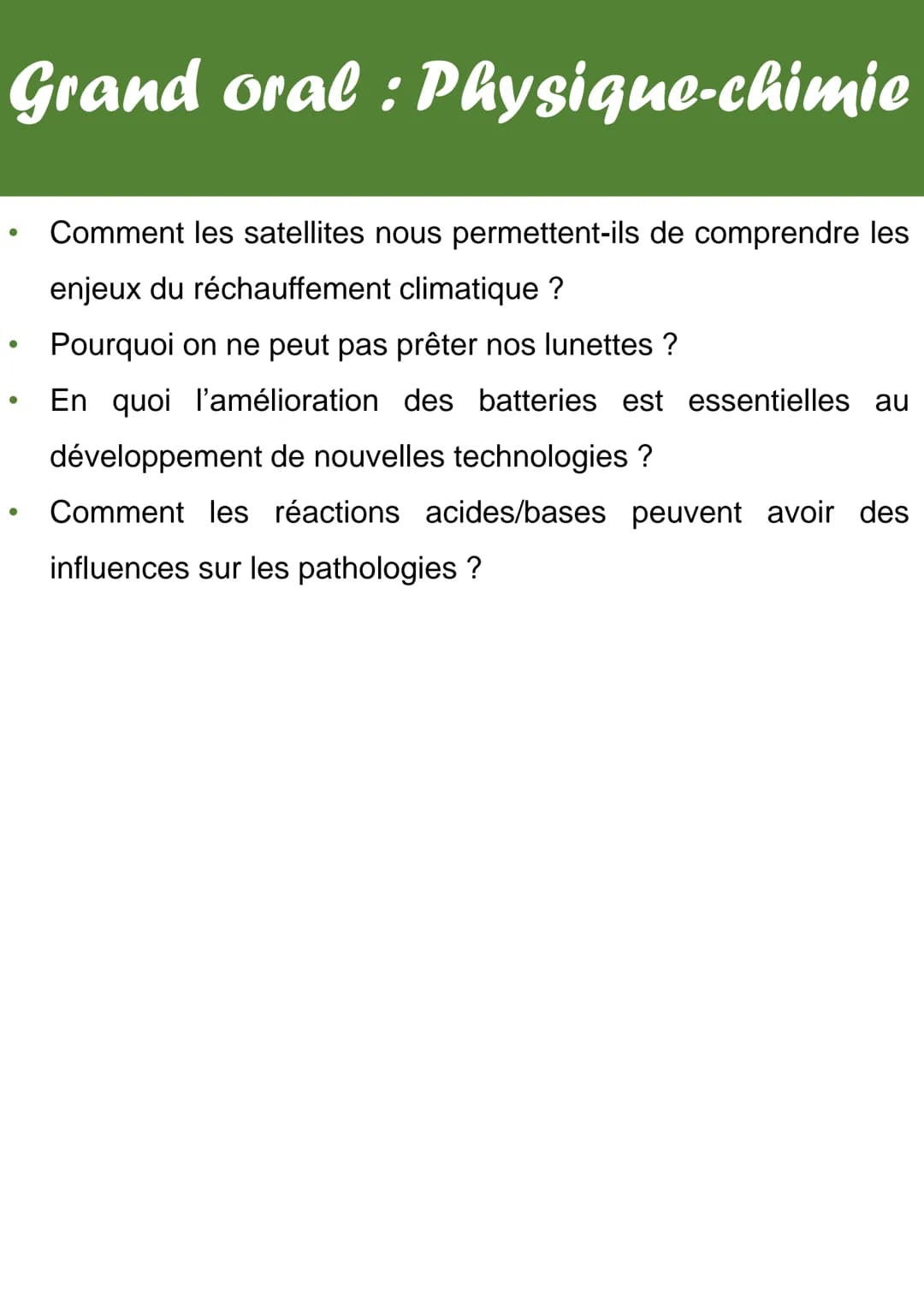 # Grand oral: Physique-chimie
Quelques idées de sujet pour le grand oral pour la physique-
chimie :
- Comment la radioactivité permet-elle