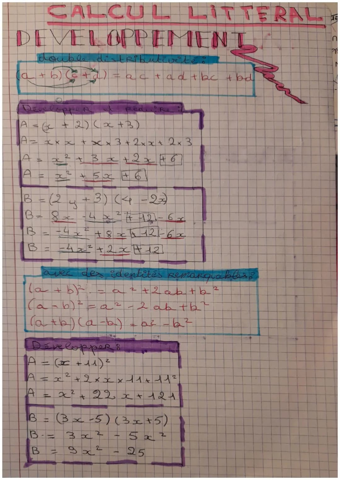 # CALCUL LITTERA
# DEVELOPPEMENT
double distributivité:
$(a + b) (c + d) = ac + ad + bc + bd$
Developpe et RedRe
A = $(x + 2)(x+3)$
A