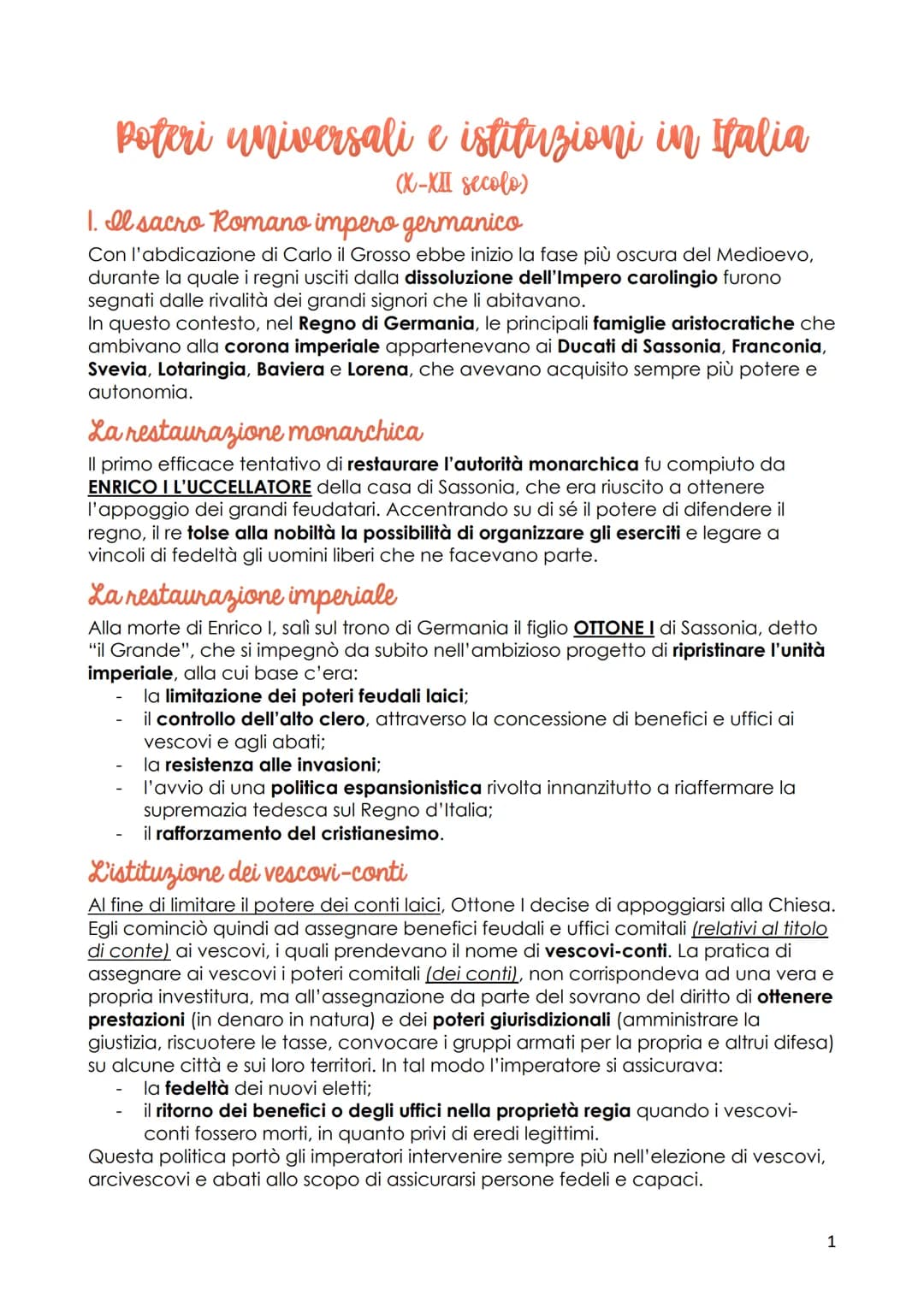 # Poteri universali e istituzioni in Italia
(X-XII secolo)
1. Il sacro Romano impero germanico
Con l'abdicazione di Carlo il Grosso ebbe i