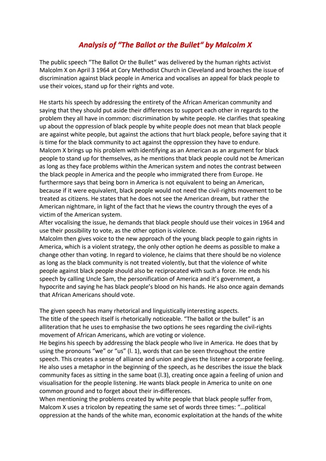 # Analysis of "The Ballot or the Bullet" by Malcolm X
The public speech "The Ballot Or the Bullet" was delivered by the human rights activi