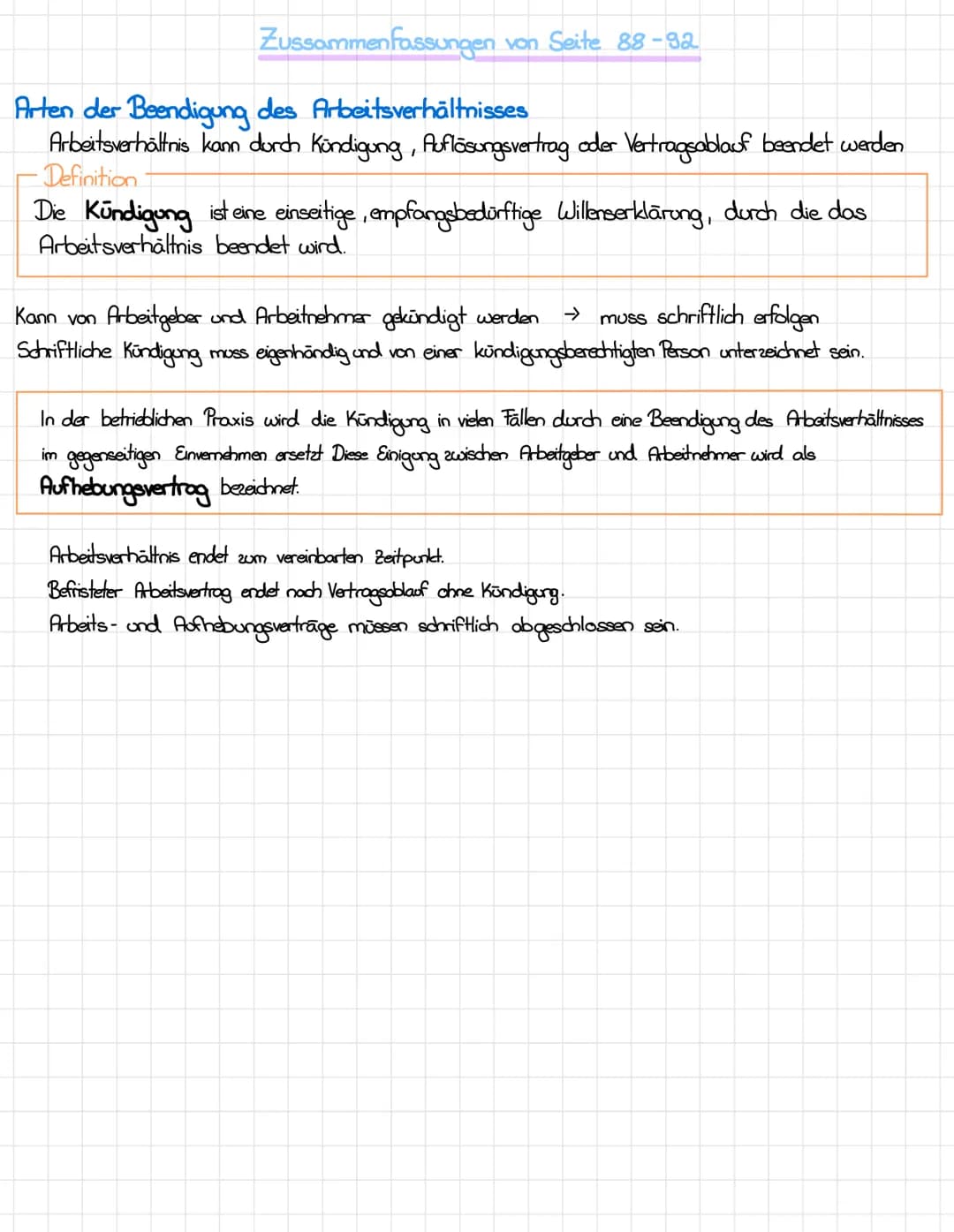 Zussammenfassungen von Seite 88-92
Arten der Beendigung des Arbeitsverhältnisses
Arbeitsverhältnis kann durch Kündigung, Auflösungsvertrag