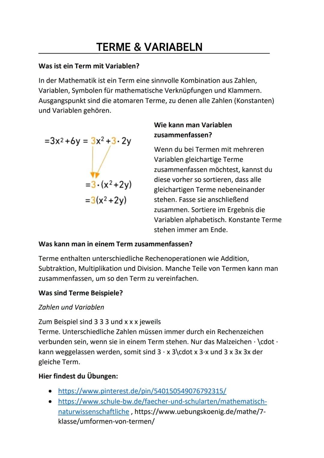 # TERME & VARIABELN
Was ist ein Term mit Variablen?
In der Mathematik ist ein Term eine sinnvolle Kombination aus Zahlen,
Variablen, Symbo