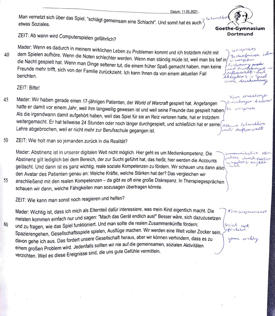 Datum: 11.05.2021
Goethe-Gymnasium
Dortmund
Name: Yan Listannies
Abgabe-Zeitpunkt: 12
4. Klausur Q1
Thema: „Bin ich oder werde ich gem