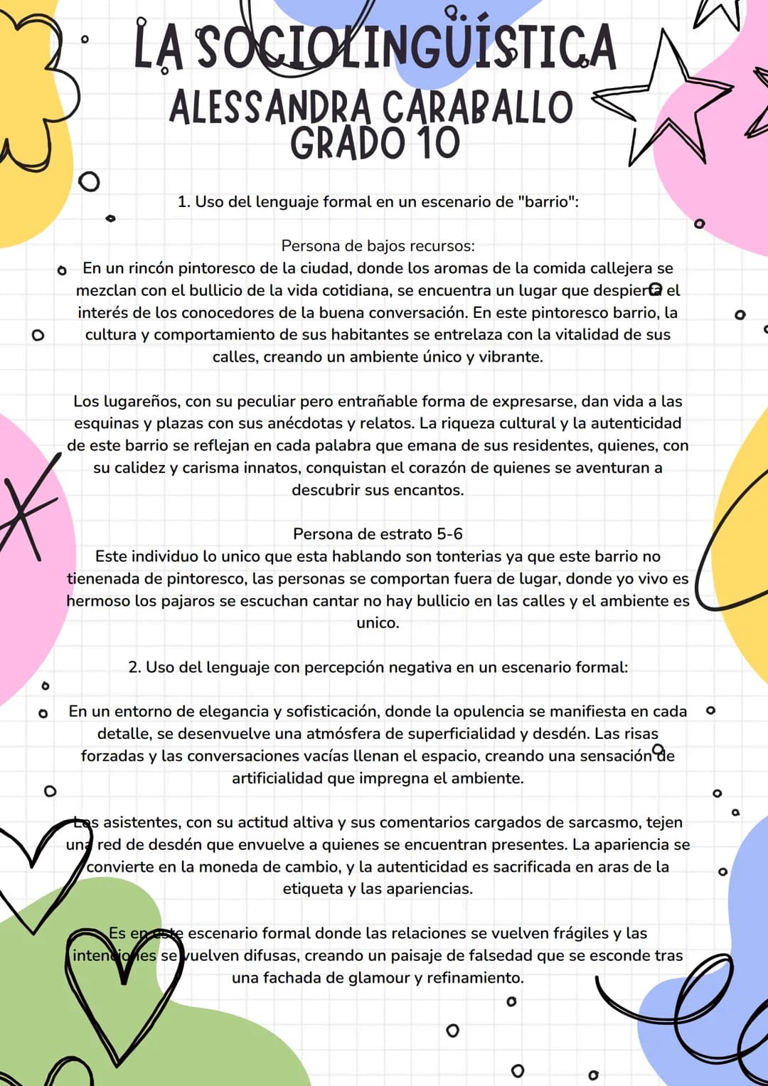 。
# LA SOCIOLINGÜÍSTICA
## ALESSANDRA CARABALLO
### GRADO 10
1. Uso del lenguaje formal en un escenario de "barrio":
Persona de bajos recu