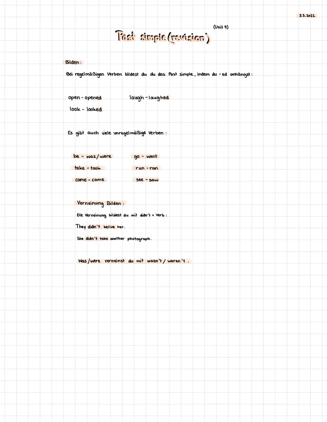 Post simple (revision)
3.3.2022
(Unit 9)
Bilden:
Bei regelmäßigen Verben bildest du du das Past simple, indem du -ed anhängst:
open - open